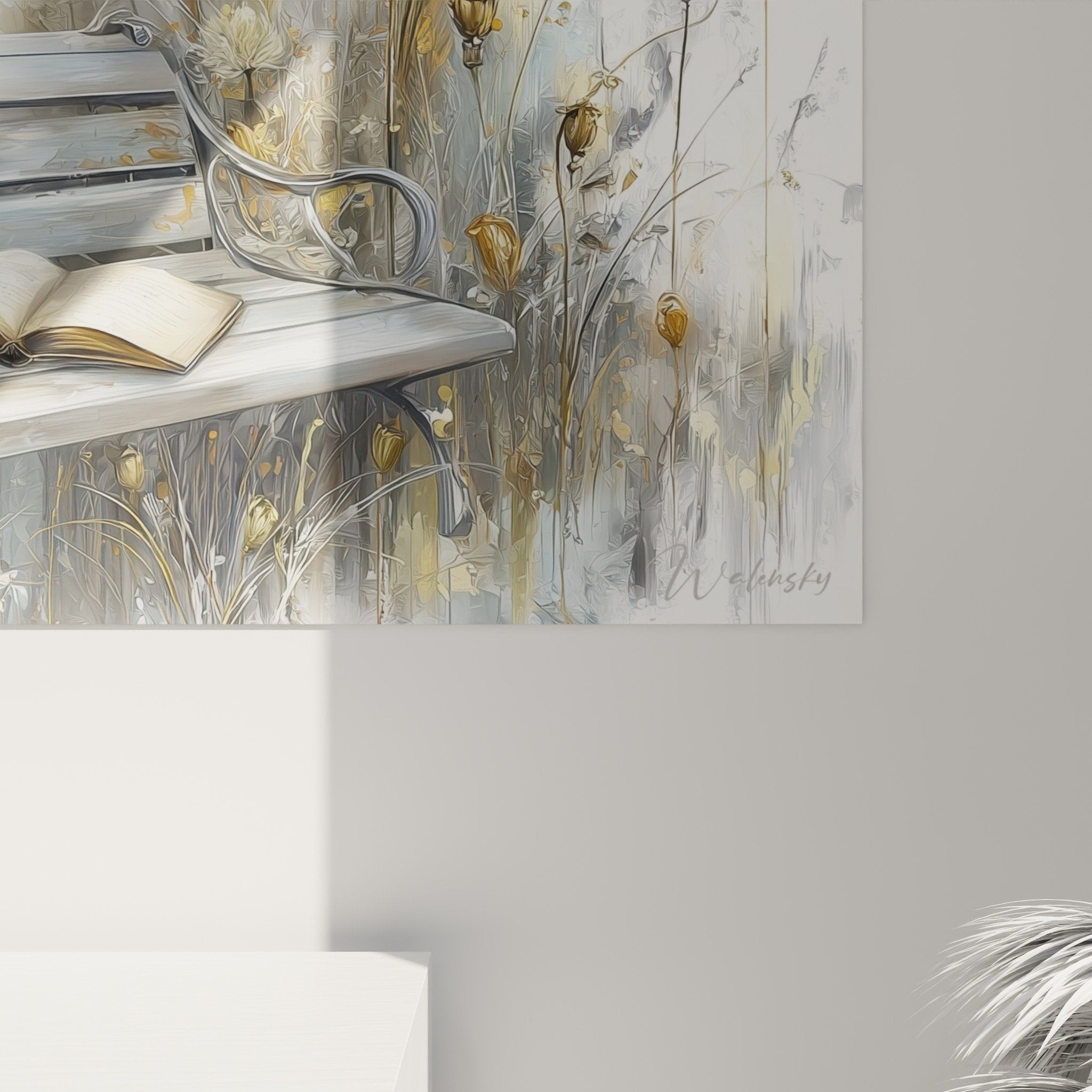 Vista d'insieme quadro panchina giardino fiori dorati decorazione murale poetica toni ambrati stile acquerello