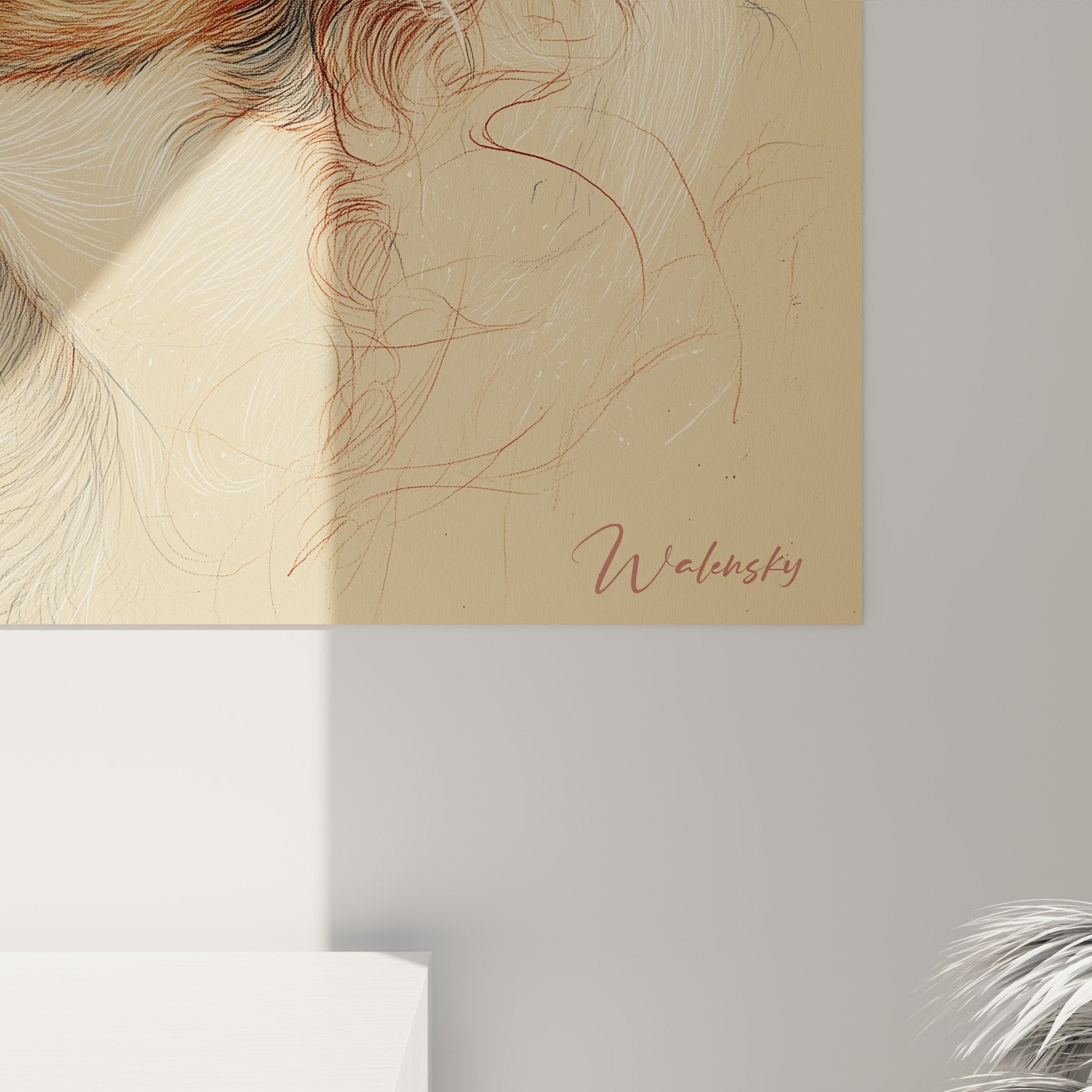 Vue d'ensemble tableau Barzoi mural, portrait lévrier tons dorés, décoration intérieur contemporain élégant