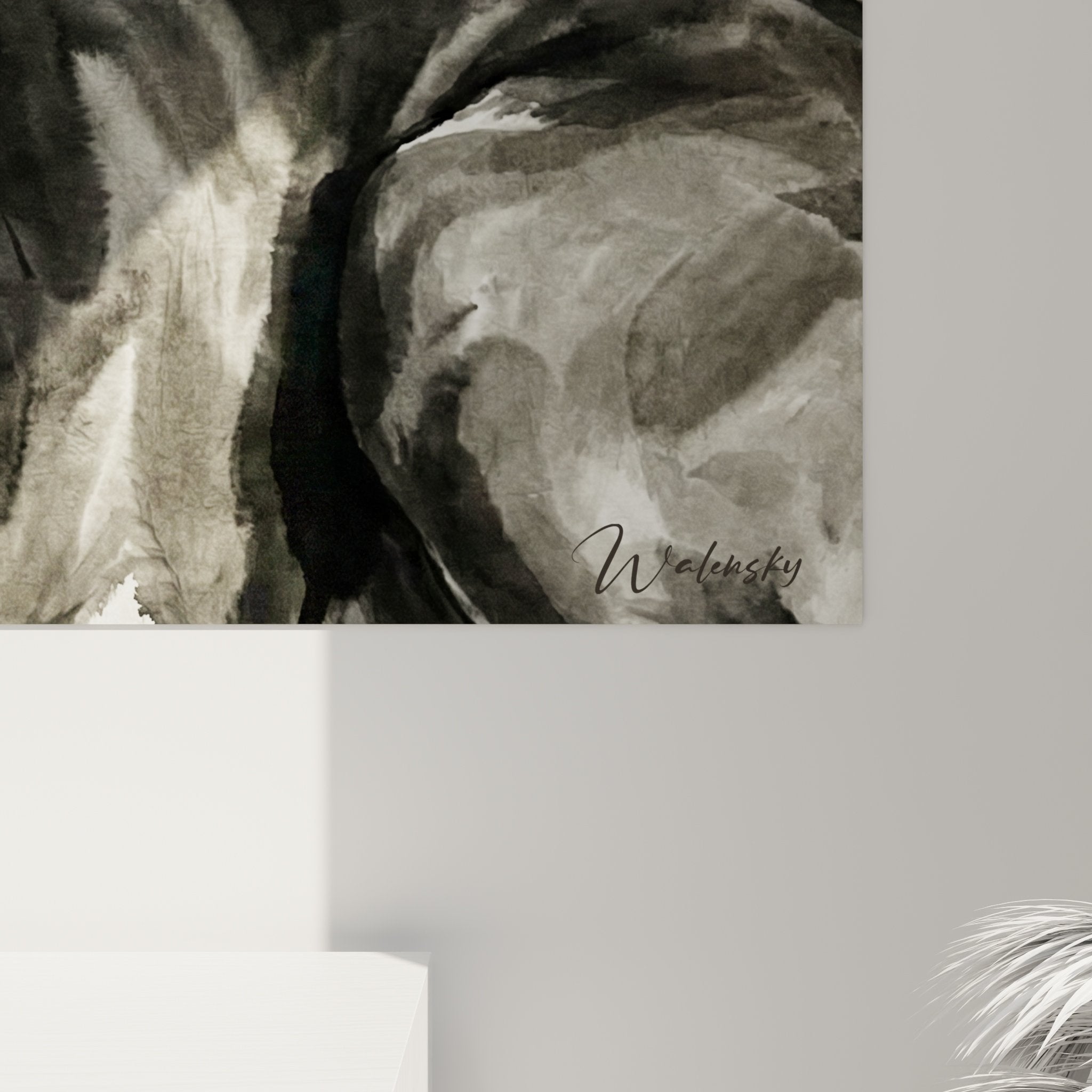 Vue ensemble tableau Basenji aquarelle noir doré dans intérieur moderne décoration murale art contemporain