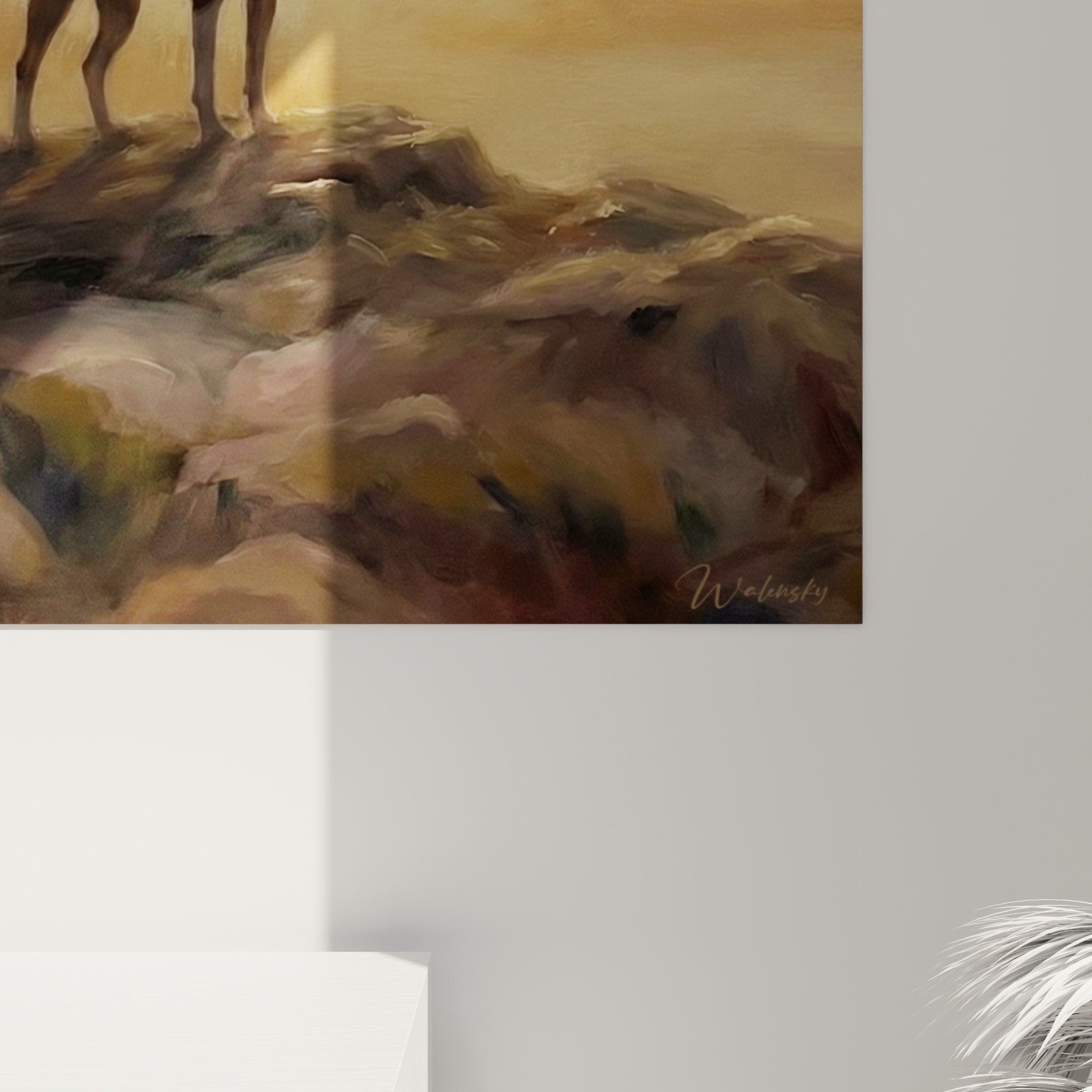 Basenji dog contemplation rock landscape sunset painting golden bronze color palette overall view