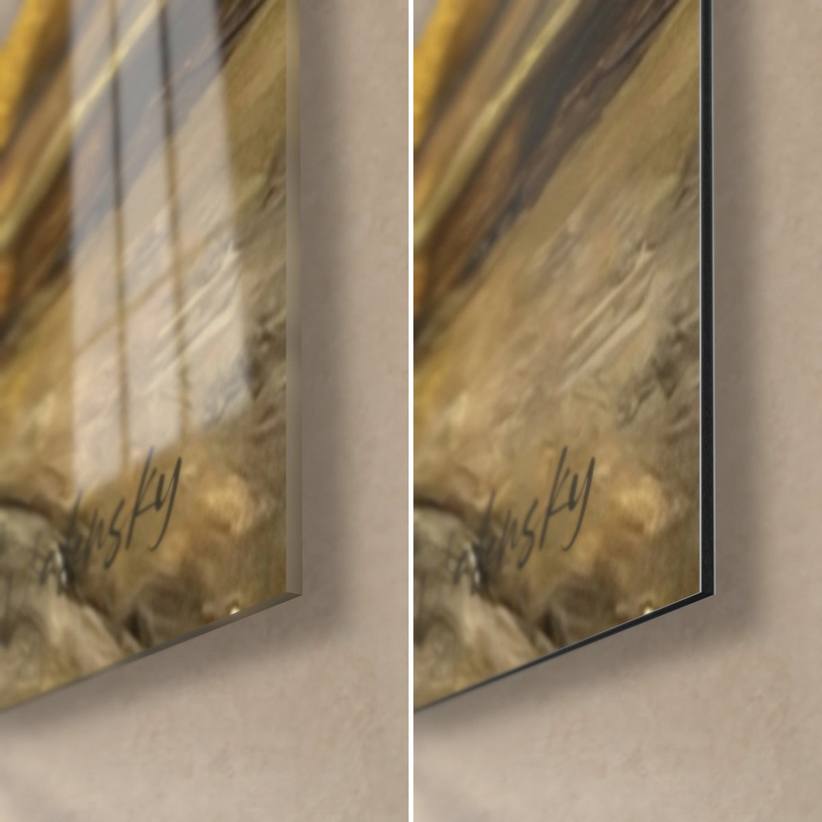 Cuadro perro leonado pintado al óleo, esquina inferior derecha: cristal acrílico brillante con reflejos a la izquierda, aluminio Dibond mate a la derecha, canto de 3 mm