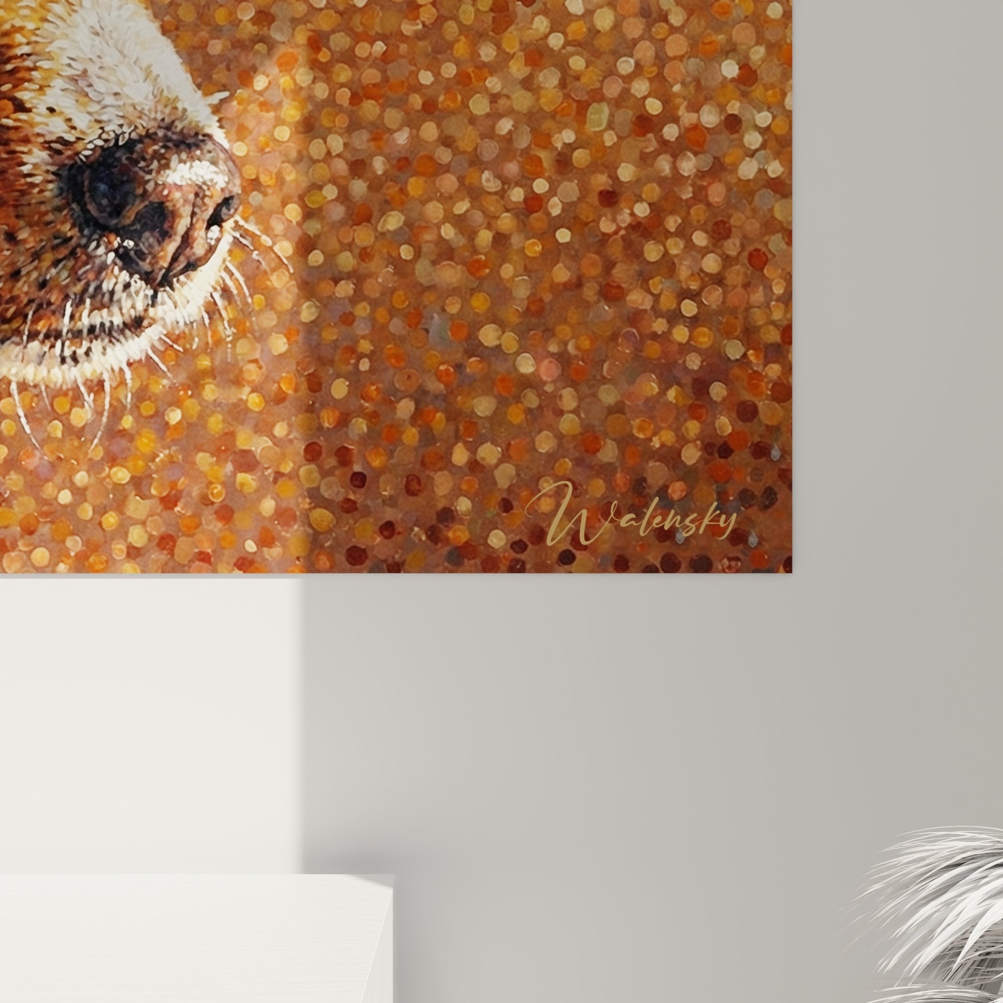 Vue ensemble tableau Basenji pointillisme aborigène tons terre de Sienne sur mur intérieur moderne