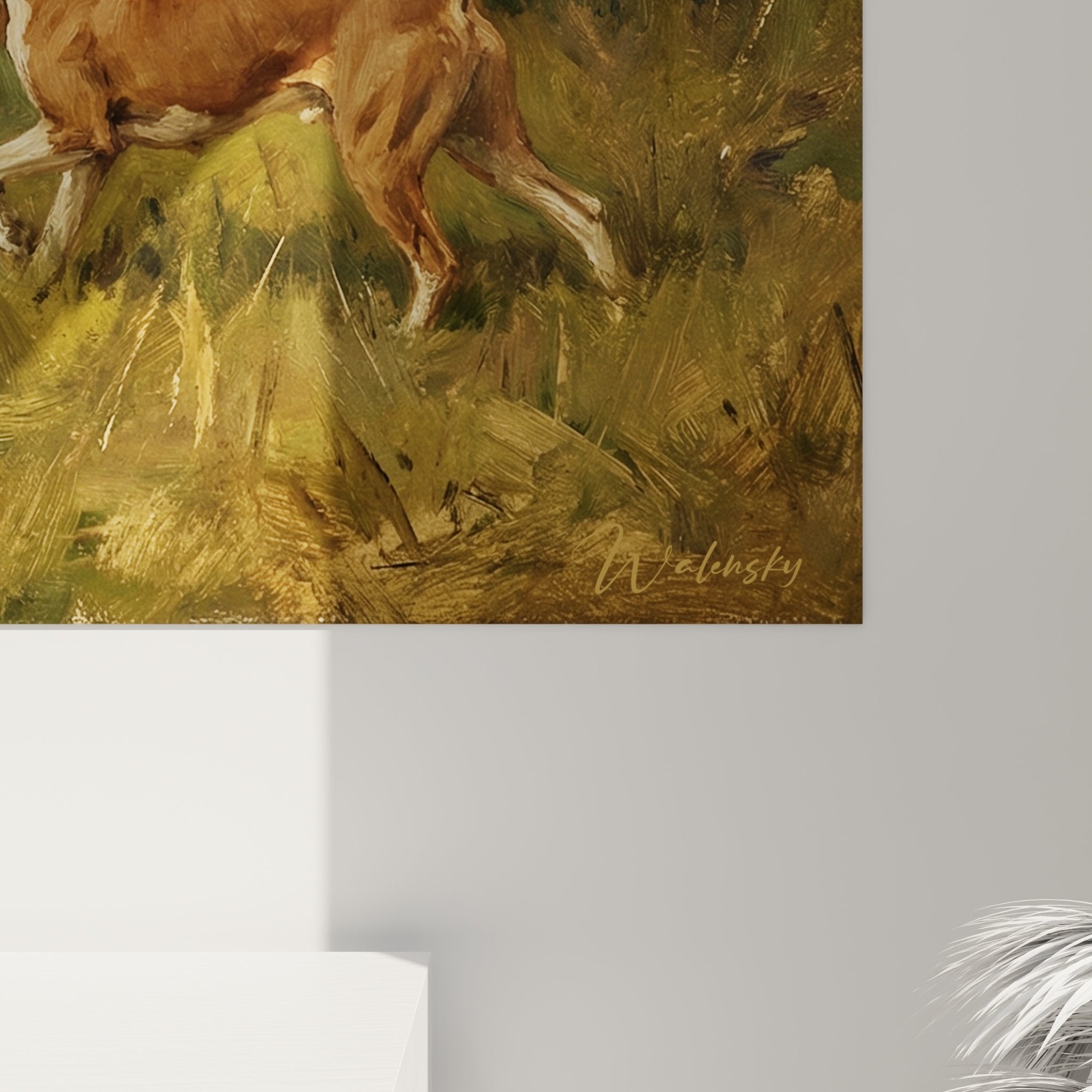 Vue ensemble tableau chien Basenji scene chasse antilopes vegetation automnale tons chauds