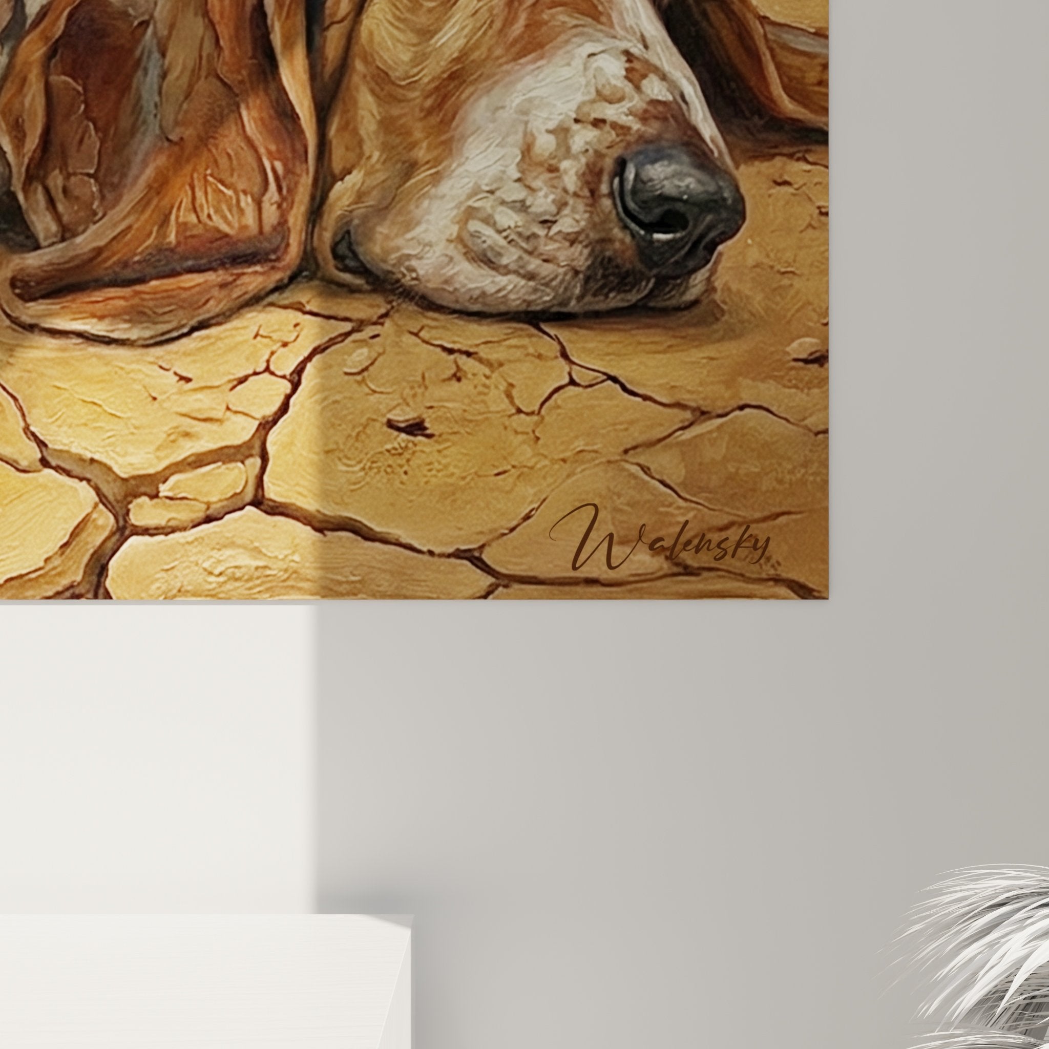 Vue ensemble tableau Basset Hound endormi decoration murale style rustique authentique
