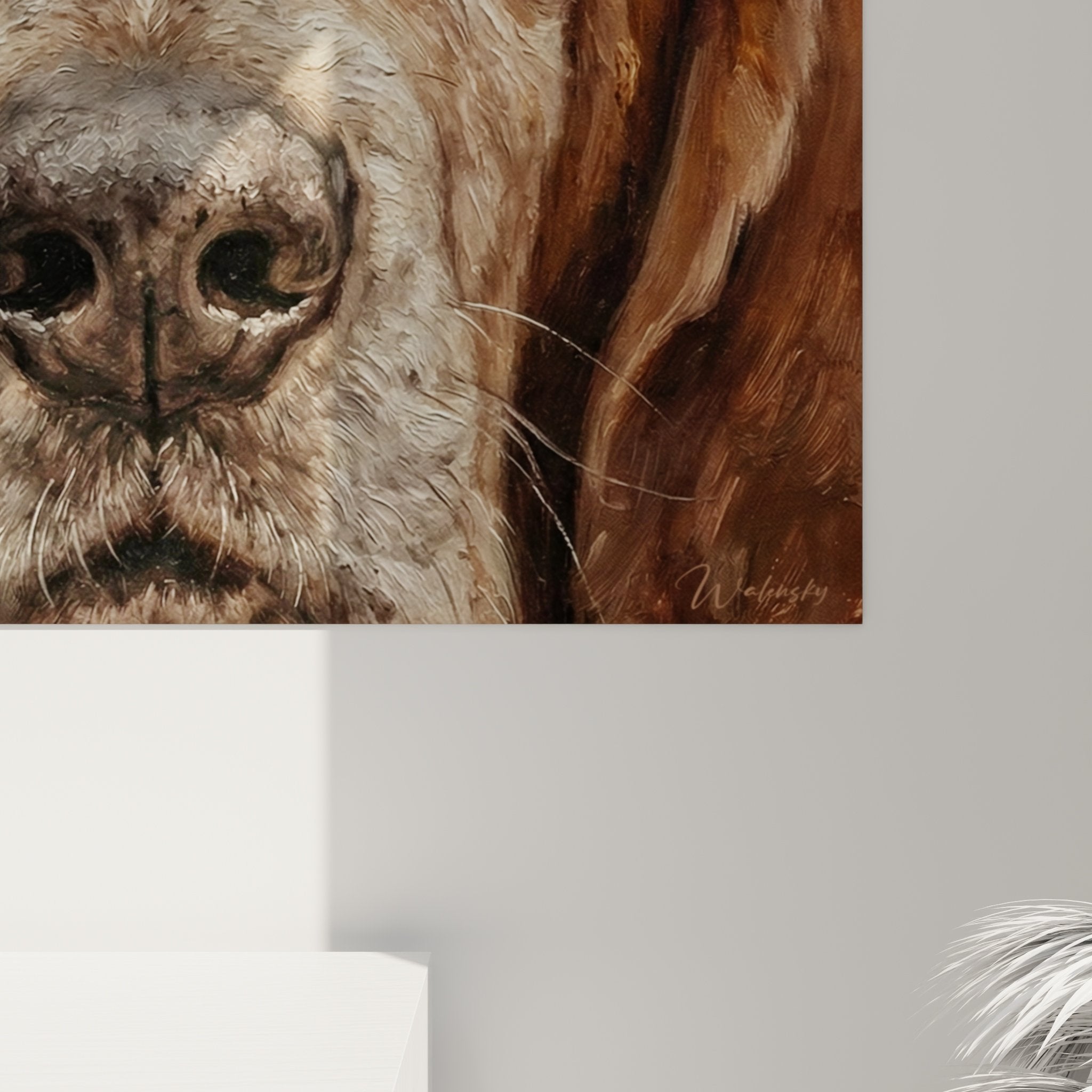 Vue ensemble portrait basset hound tableau mural decoration interieur tons chauds regard attendrissant chien