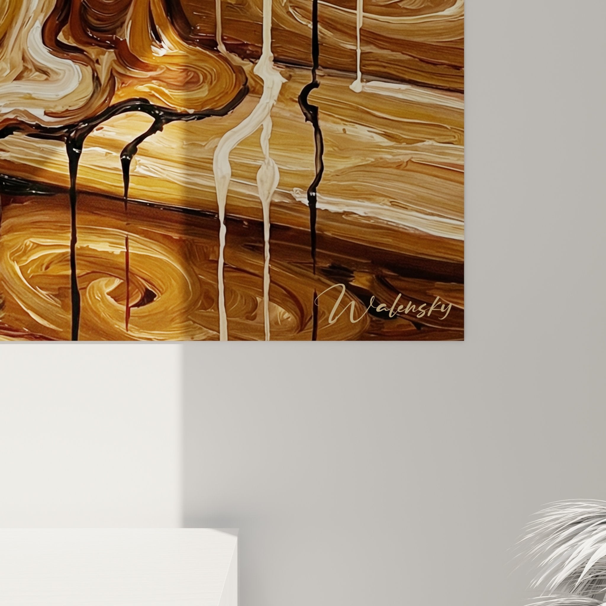 Vue ensemble tableau basset hound escalier bois coulures artistiques decoration murale tons dores