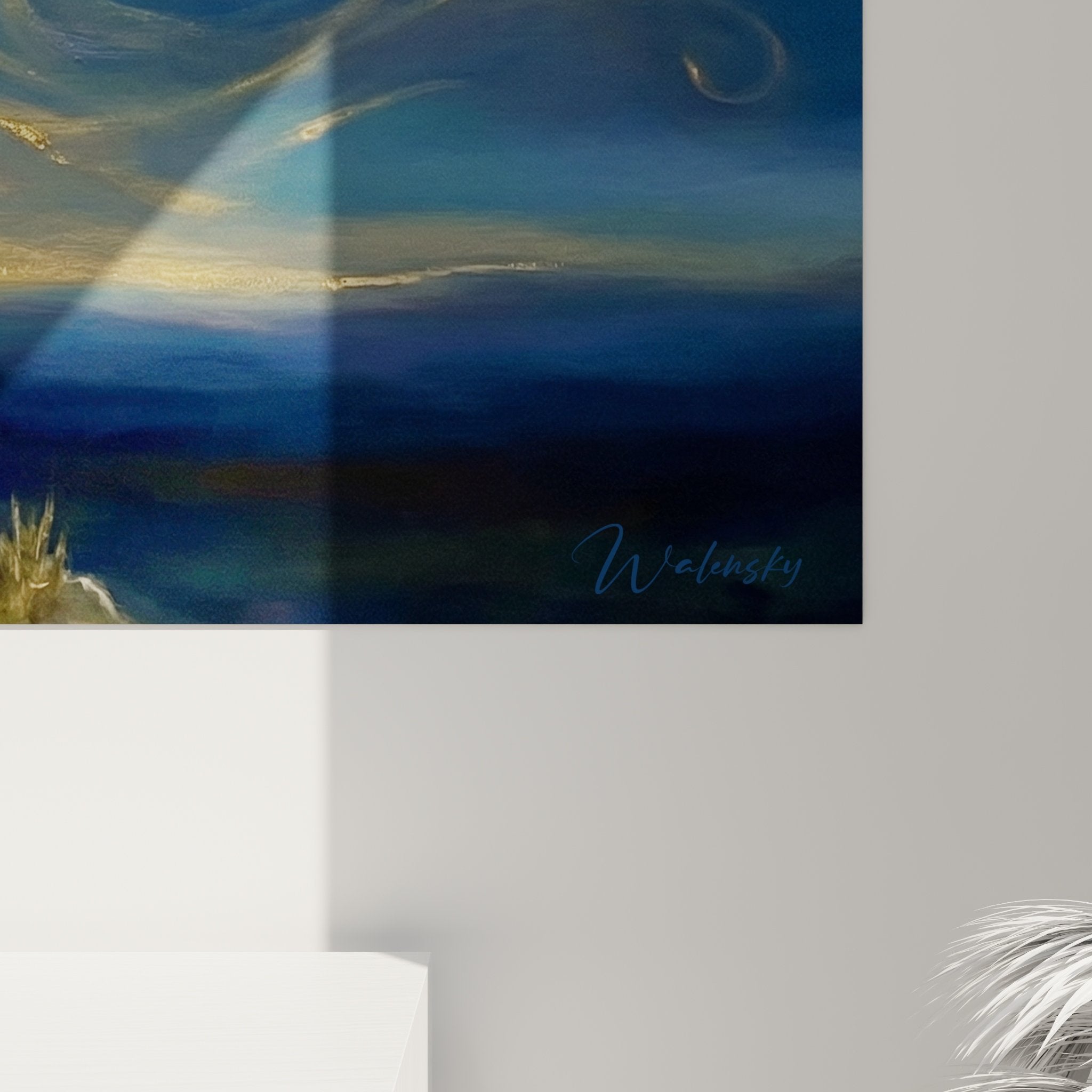 Vue ensemble tableau mural basset hound melancolique fenetre lune decoration murale bleue doree