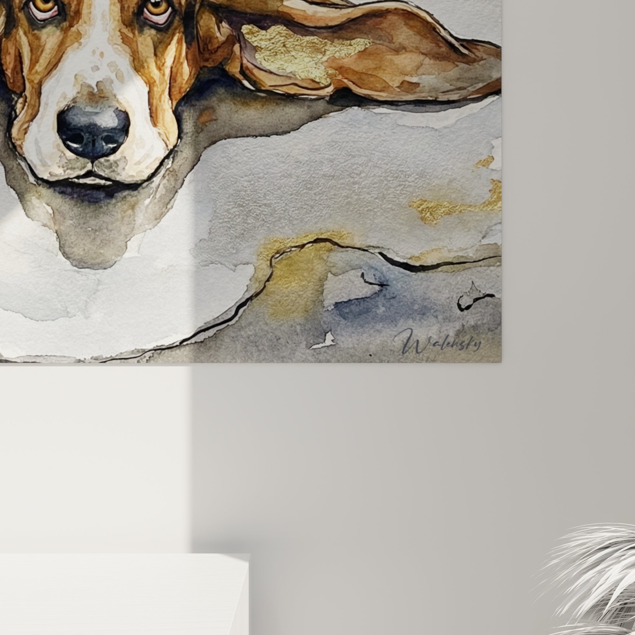 Basset hound watercolor art print interior decoration dog serene water view