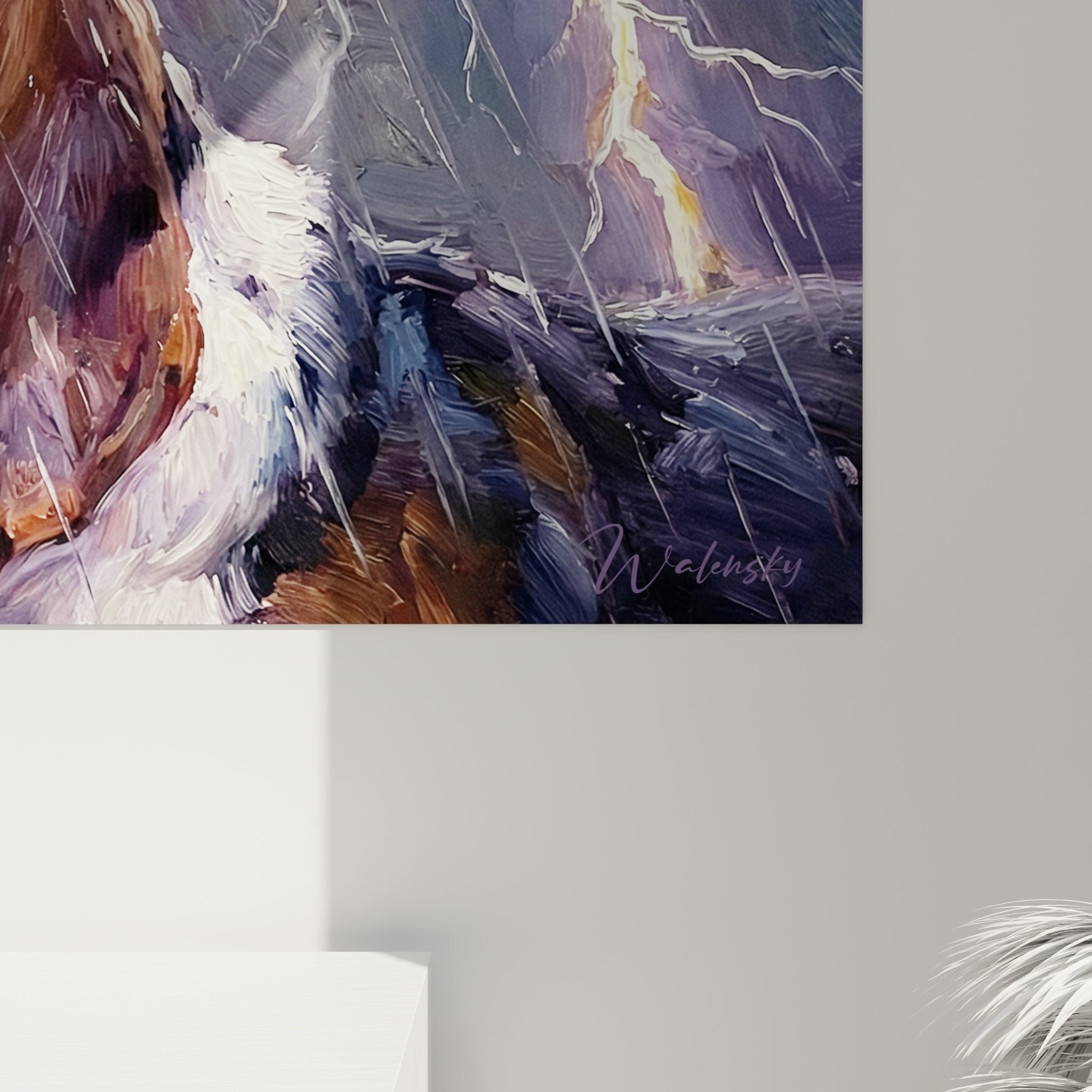 Vista d'insieme quadro basset hound tempesta decorazione d'interni arte canina temporale viola atmosfera drammatica