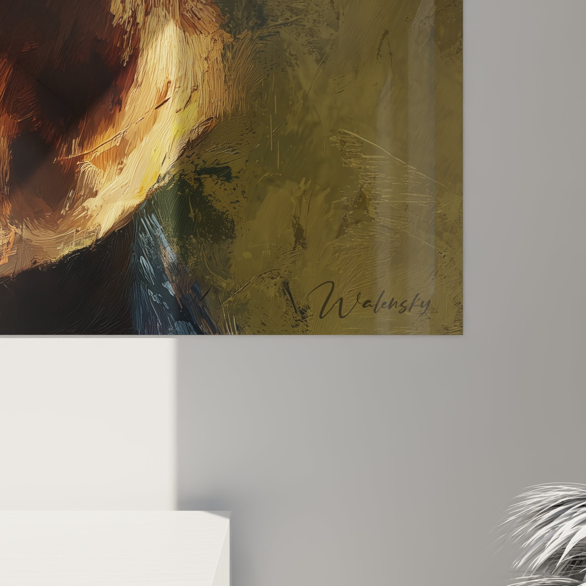 Vue ensemble tableau beagle mural, portrait chien regard leve, couleurs chaudes decoration interieure