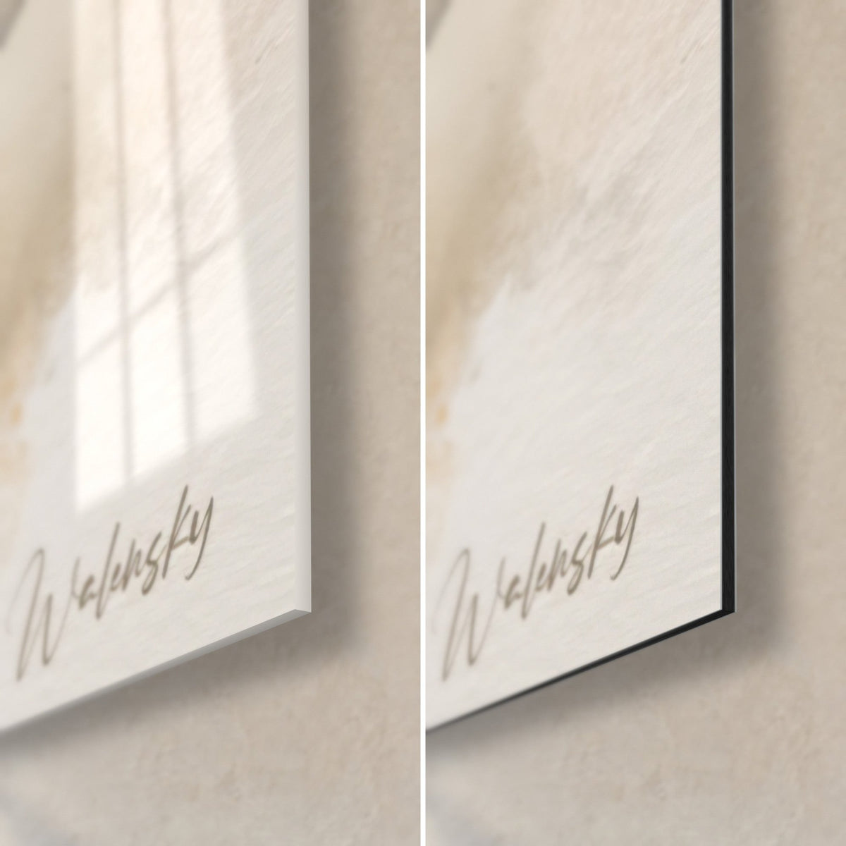Wall art of a sleeping beagle, bottom right corner: glossy acrylic glass on the left, matte white Dibond on the right, 3 mm edge