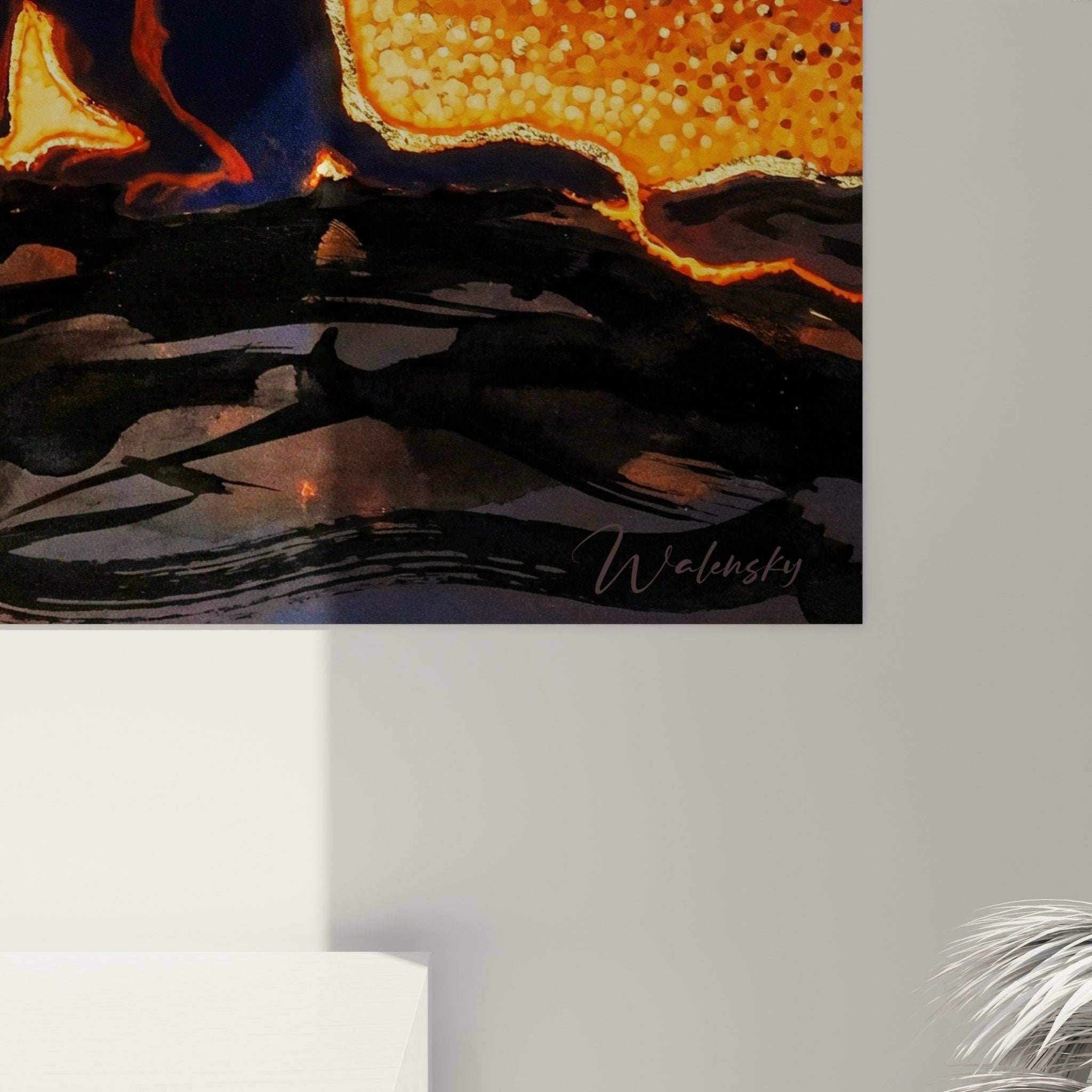 Vue ensemble tableau beauceron cosmique orange dore decoration interieur moderne style contemporain
