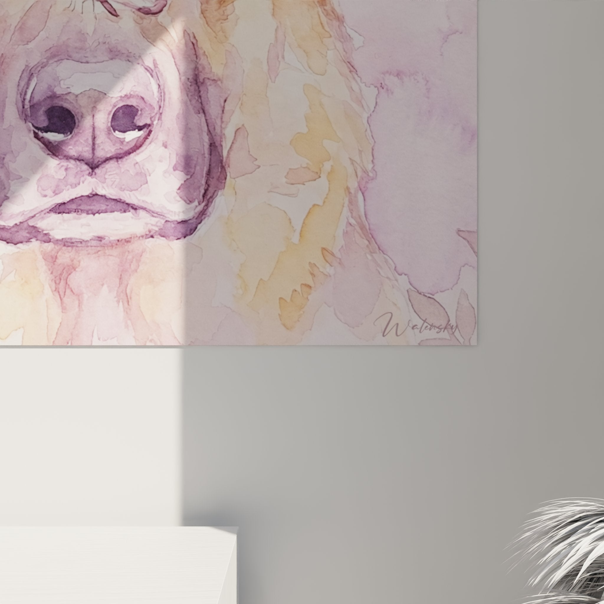 vista d'insieme quadro pastore tedesco acquerello rosa farfalla decorazione interiore ritratto cane toni pastello