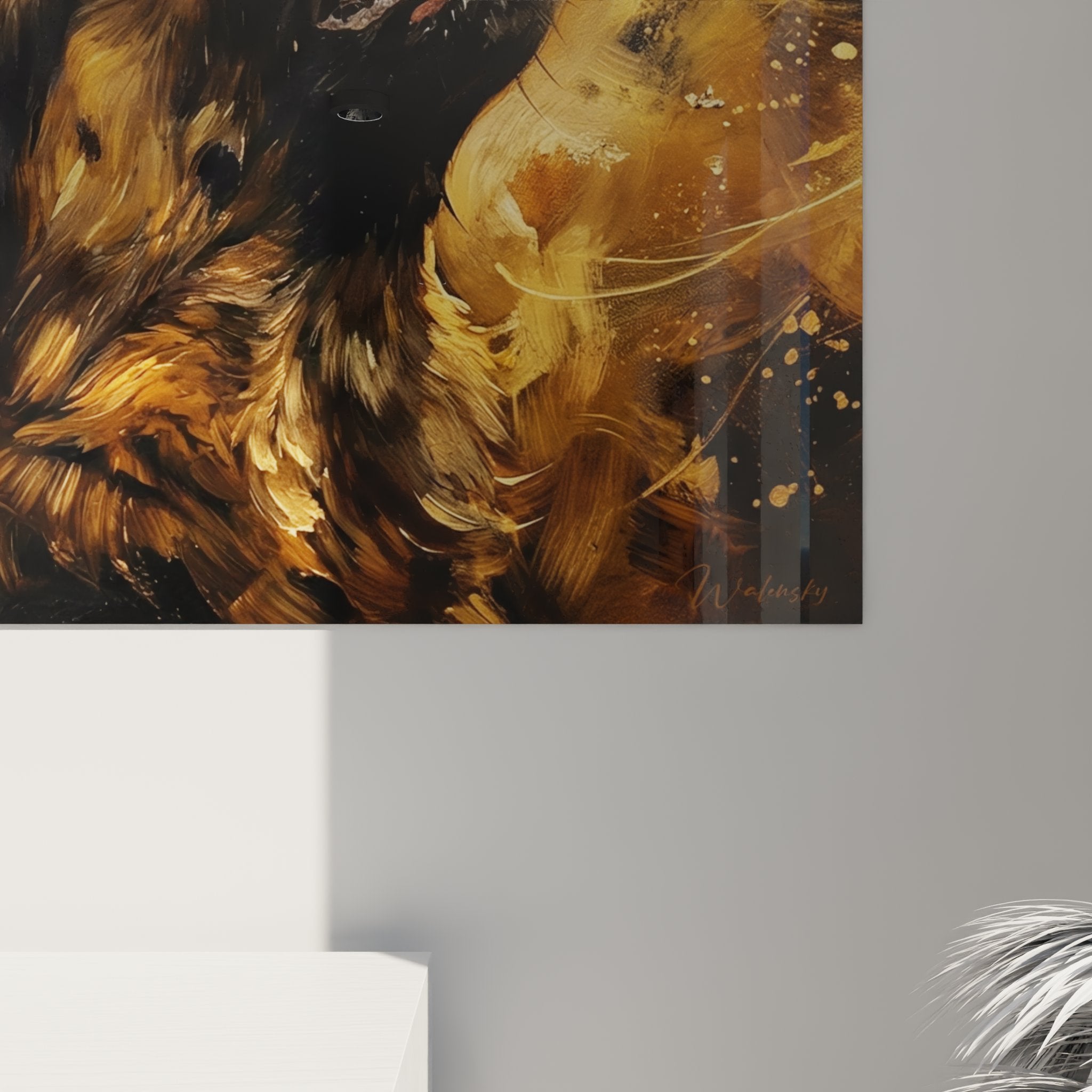 Gesamtansicht Kunstwerk Deutscher Schäferhund Wanddekoration in Ocker- und Bronzetönen