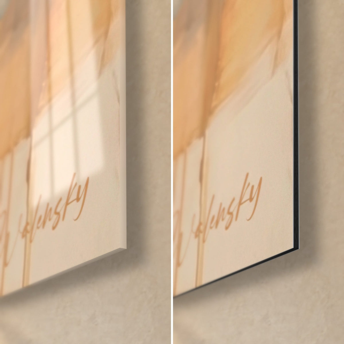 Wall art pair of black German shepherds on an orange background, bottom right corner: glossy acrylic glass and matte Dibond, 3 mm edge
