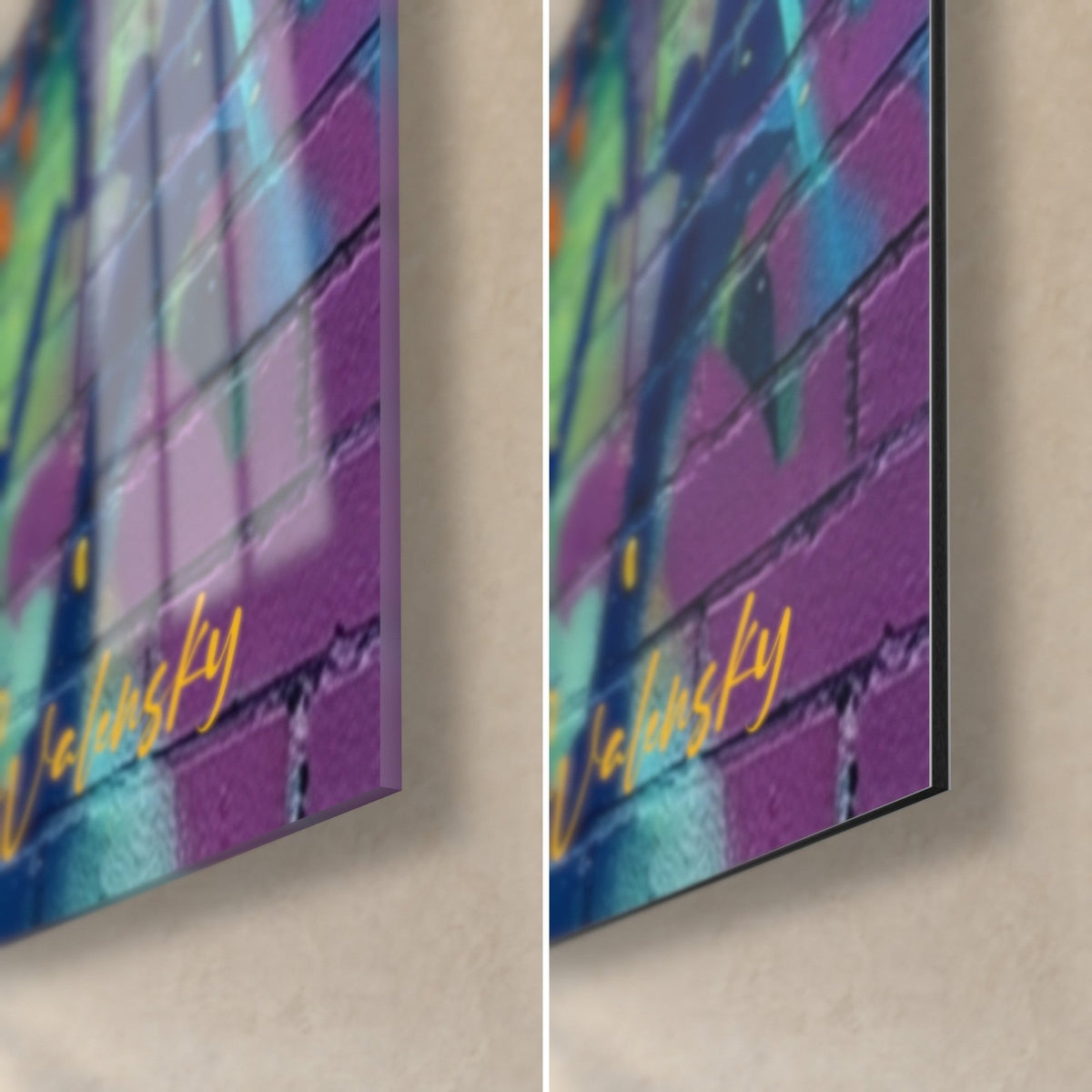 Schilderij hondenportret geschilderd in acryl, rechtsonder: glanzend glas links, mat Dibond-aluminium rechts, paarse en gele bakstenen