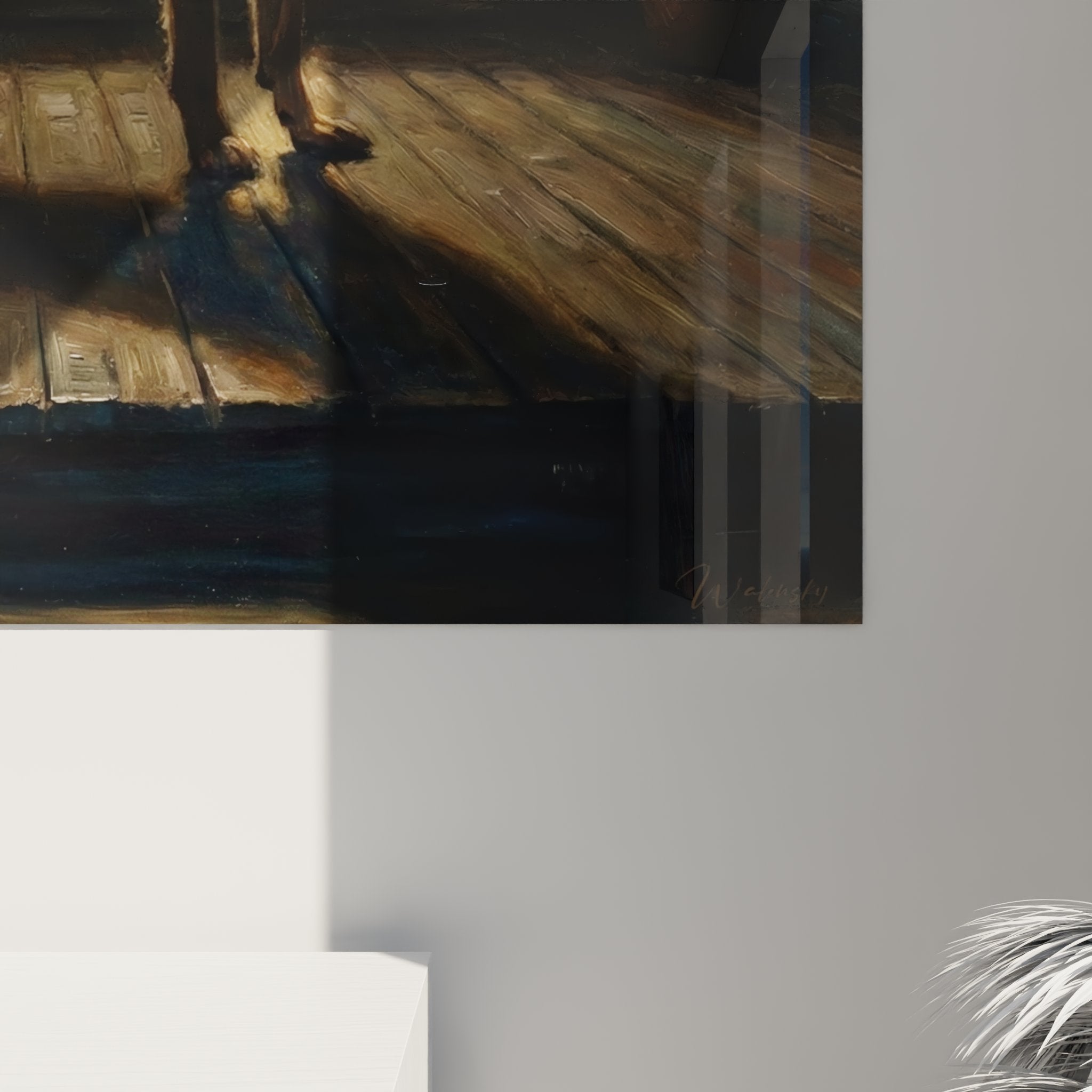 vista d'insieme quadro pastore tedesco soggiorno decorazione murale atmosfera calda arte animalier interni