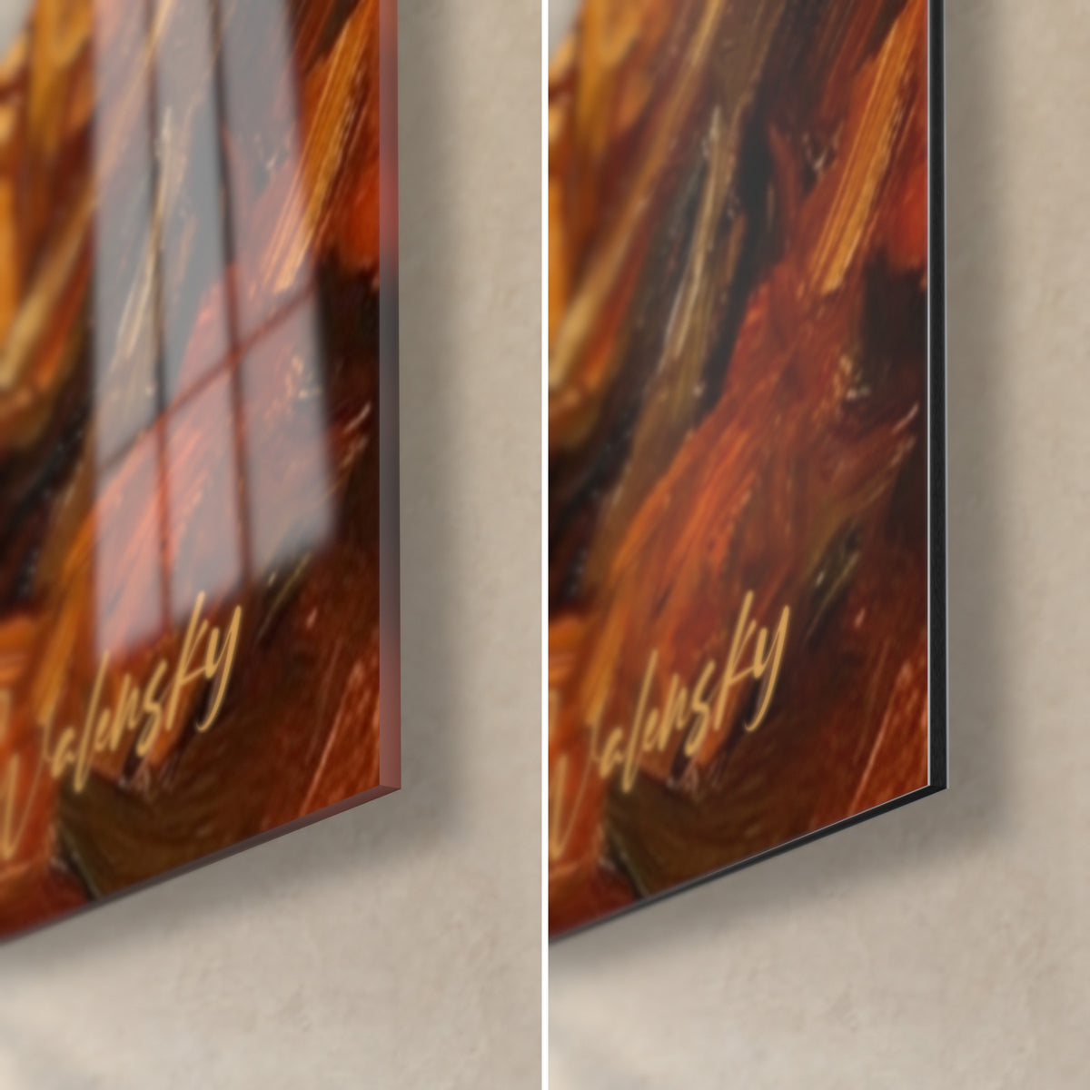 Schilderij van een Duitse herder geschilderd in olie, rechterbenedenhoek van glanzend acrylglas en mat Dibond-aluminium, diep oranje en bruin