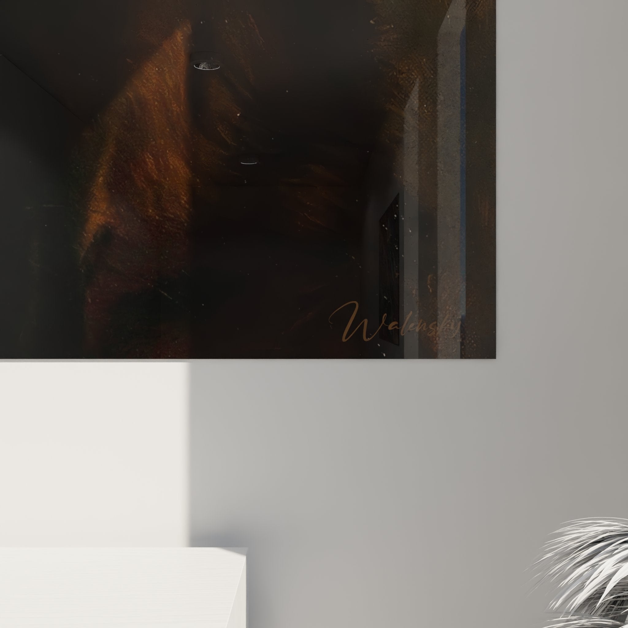 Vue d'ensemble du tableau portrait Berger Allemand aux tons chauds dans intérieur contemporain
