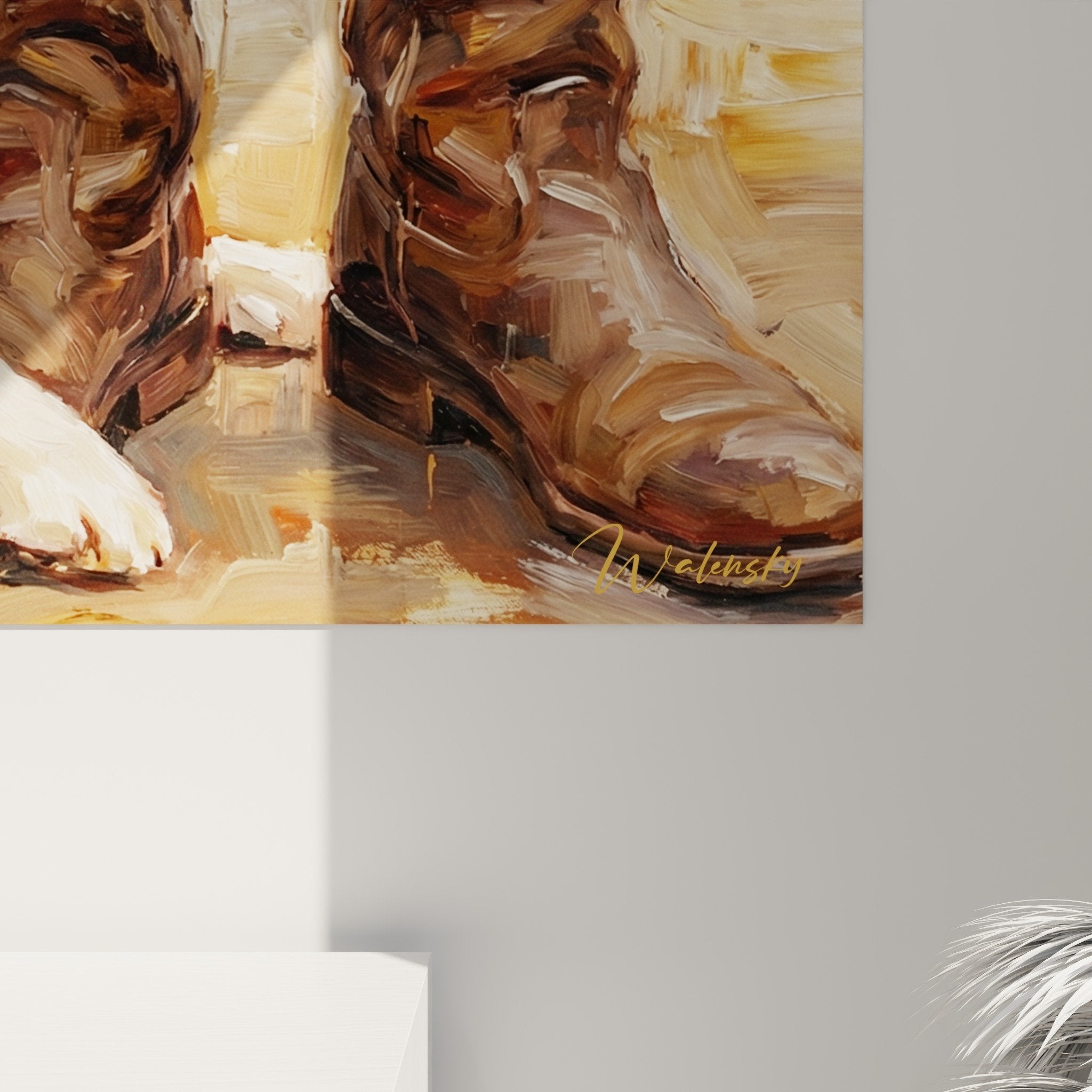 Vue ensemble tableau Berger Americain Miniature bottes cuir composition artistique lumiere doree