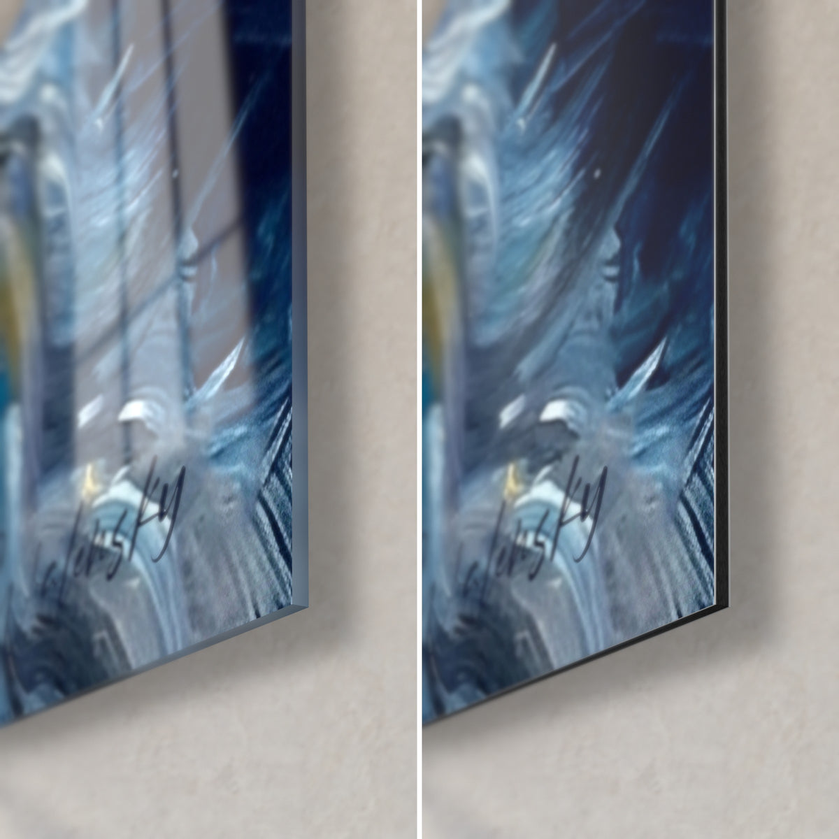 Wall art blue merle dog midnight blue, bottom right corner: glossy acrylic glass on the left, matte Dibond aluminum on the right, 3 mm edge