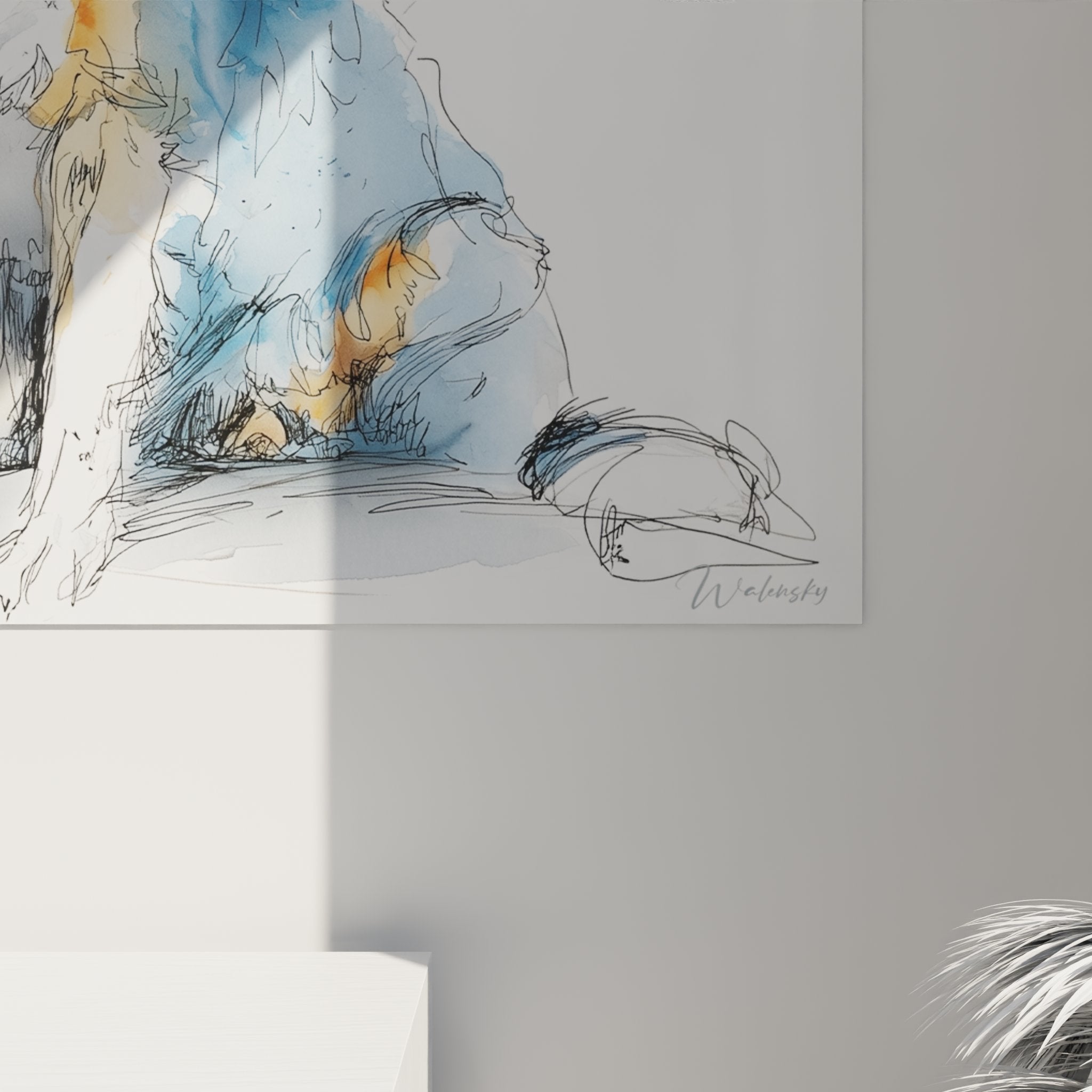 Vue ensemble tableau berger australien aquarelle portrait canin artistique decoration interieure moderne