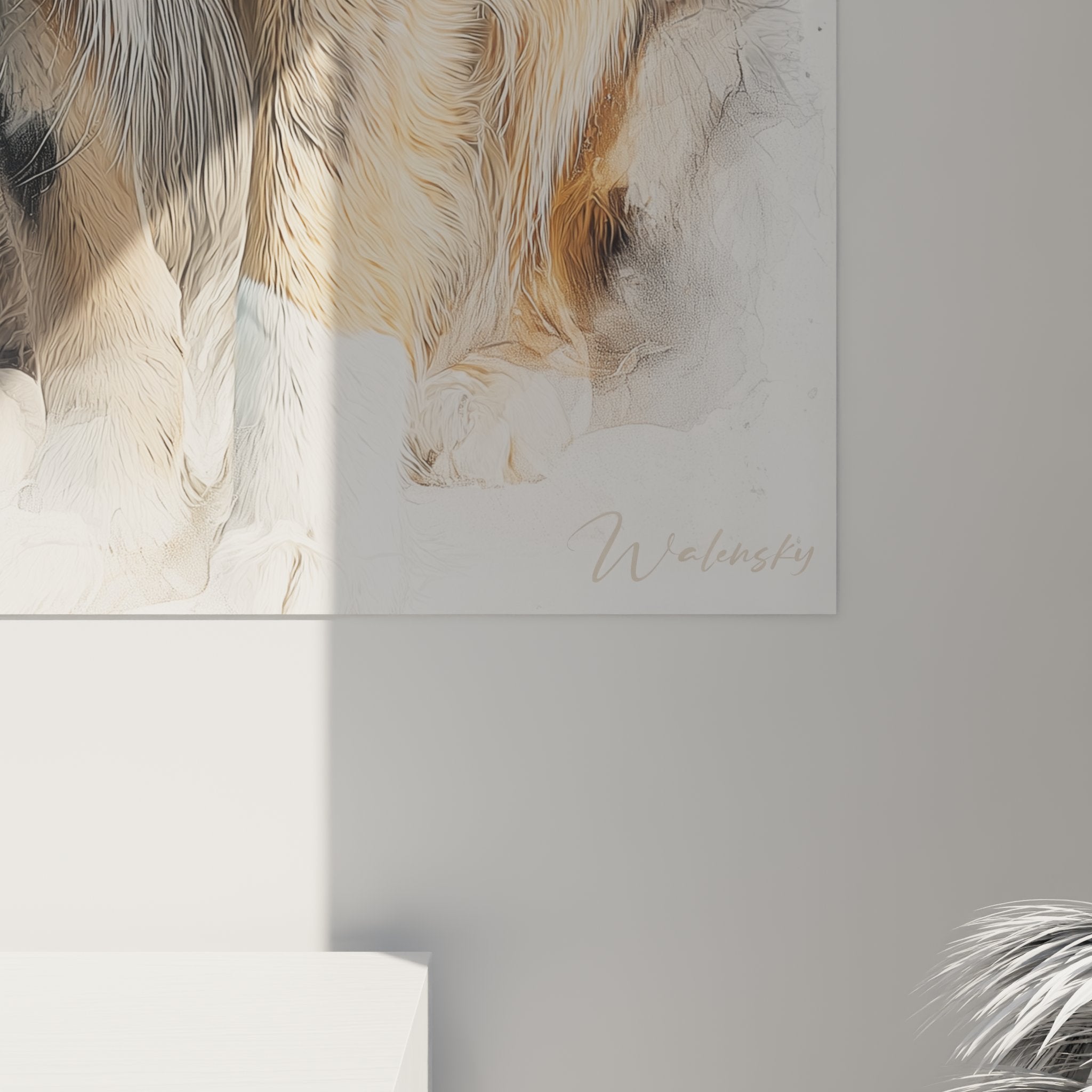 Vue ensemble tableau berger australien aquarelle decoration interieure art mural contemporain tons froids