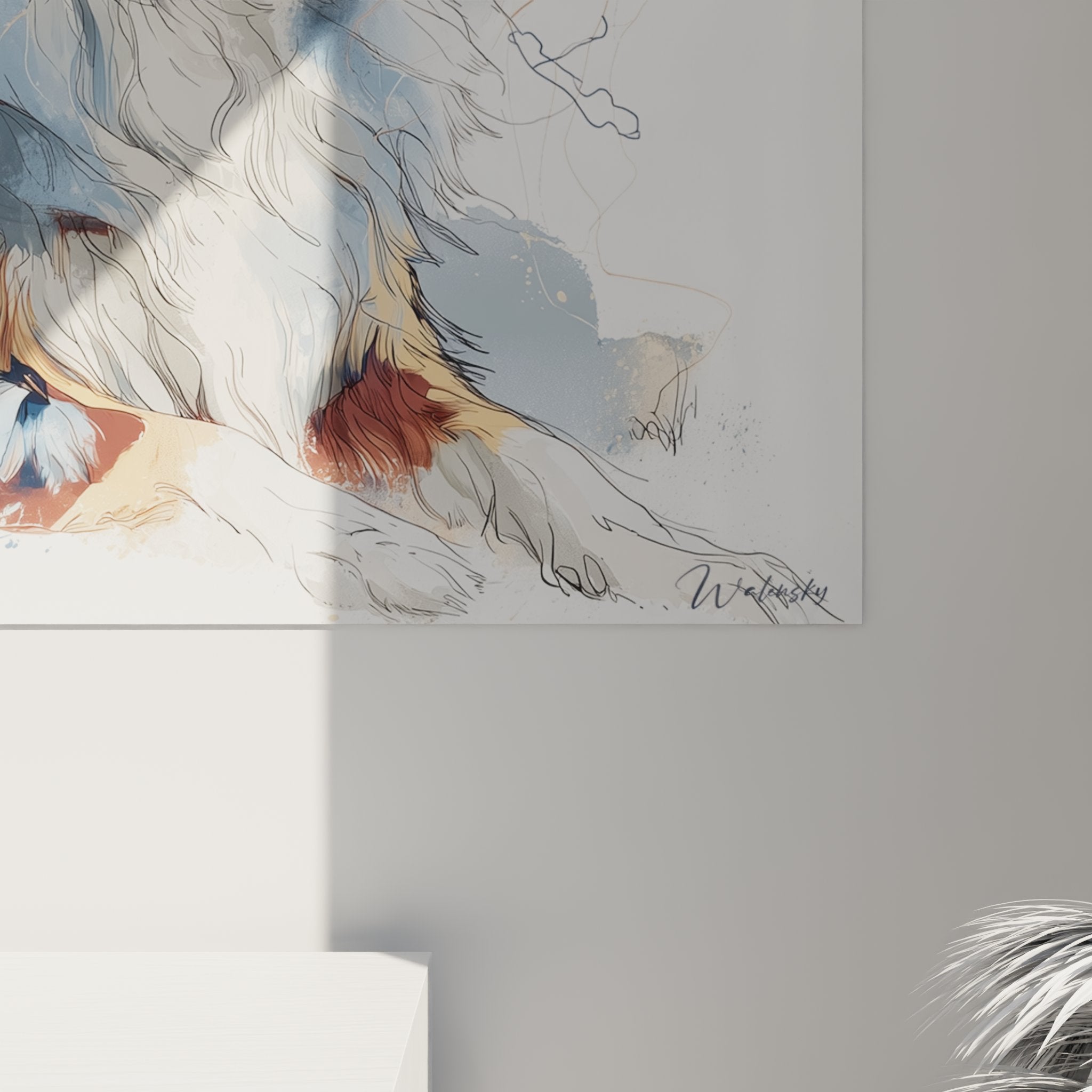 Gesamtansicht Gemälde Australian Shepherd Aquarell Hundeporträt moderne Innenausstattung