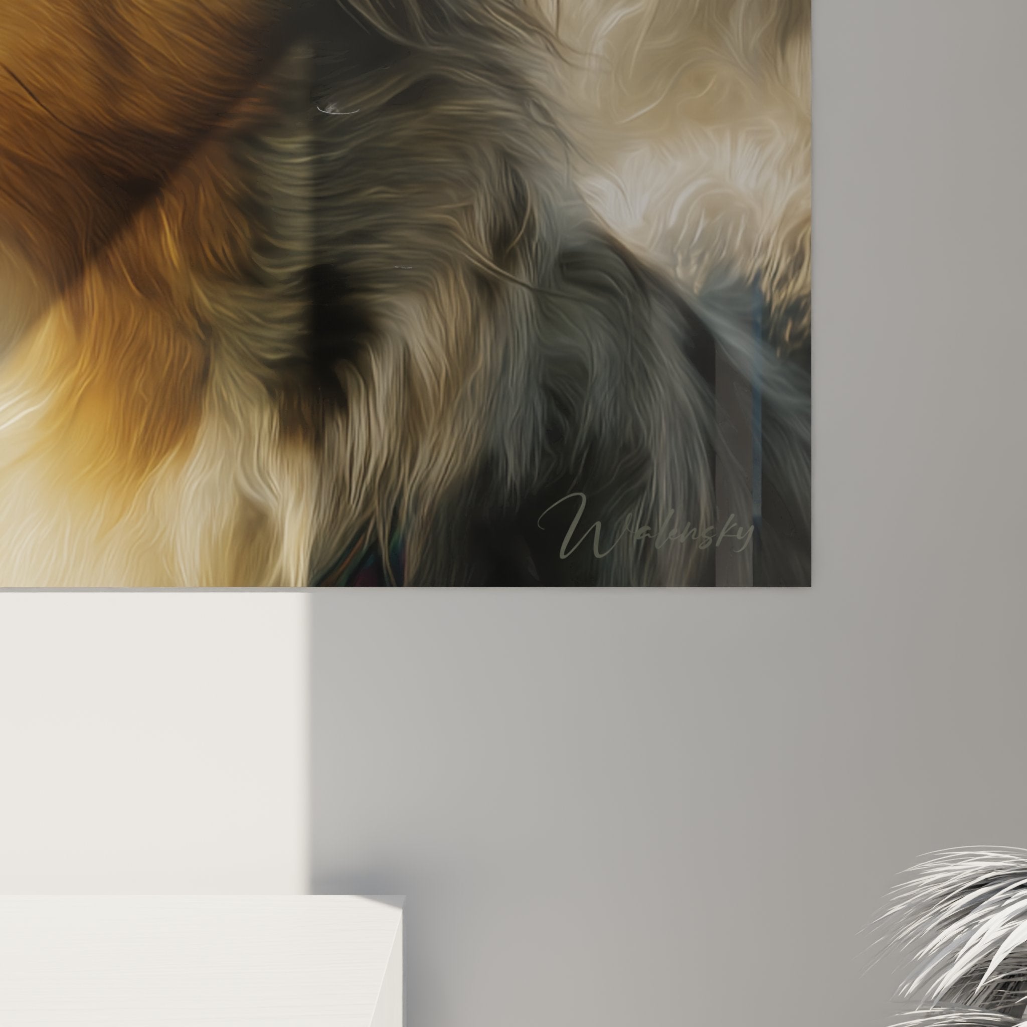 Full view Australian Shepherd wall art in contemporary interior, canine artwork in warm and blue tones