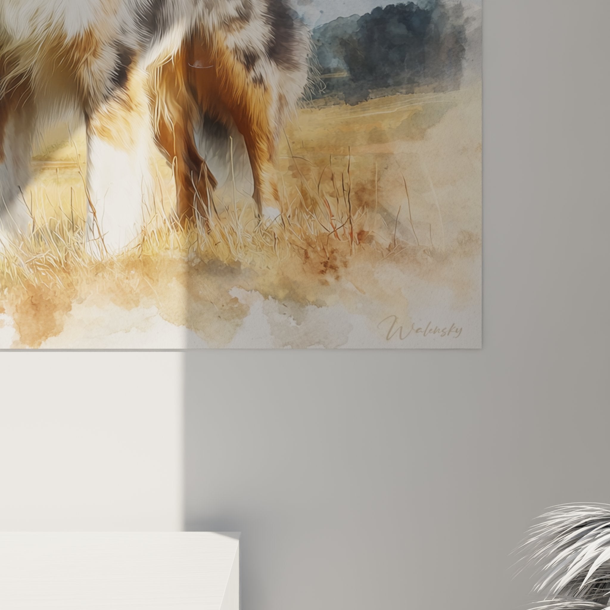 vue ensemble tableau berger australien portrait chien decoration interieur style aquarelle