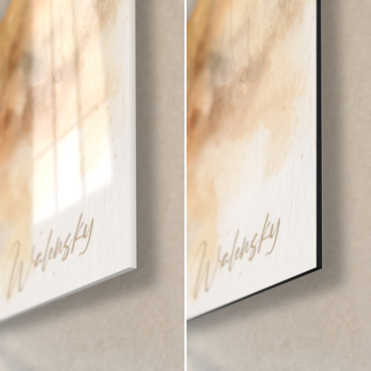 Schilderij van een aussie in aquarel, rechteronderhoek van glanzend reflecterend glas en mat zwart Dibond-aluminium, rand van 3 mm, signatuur Walensky