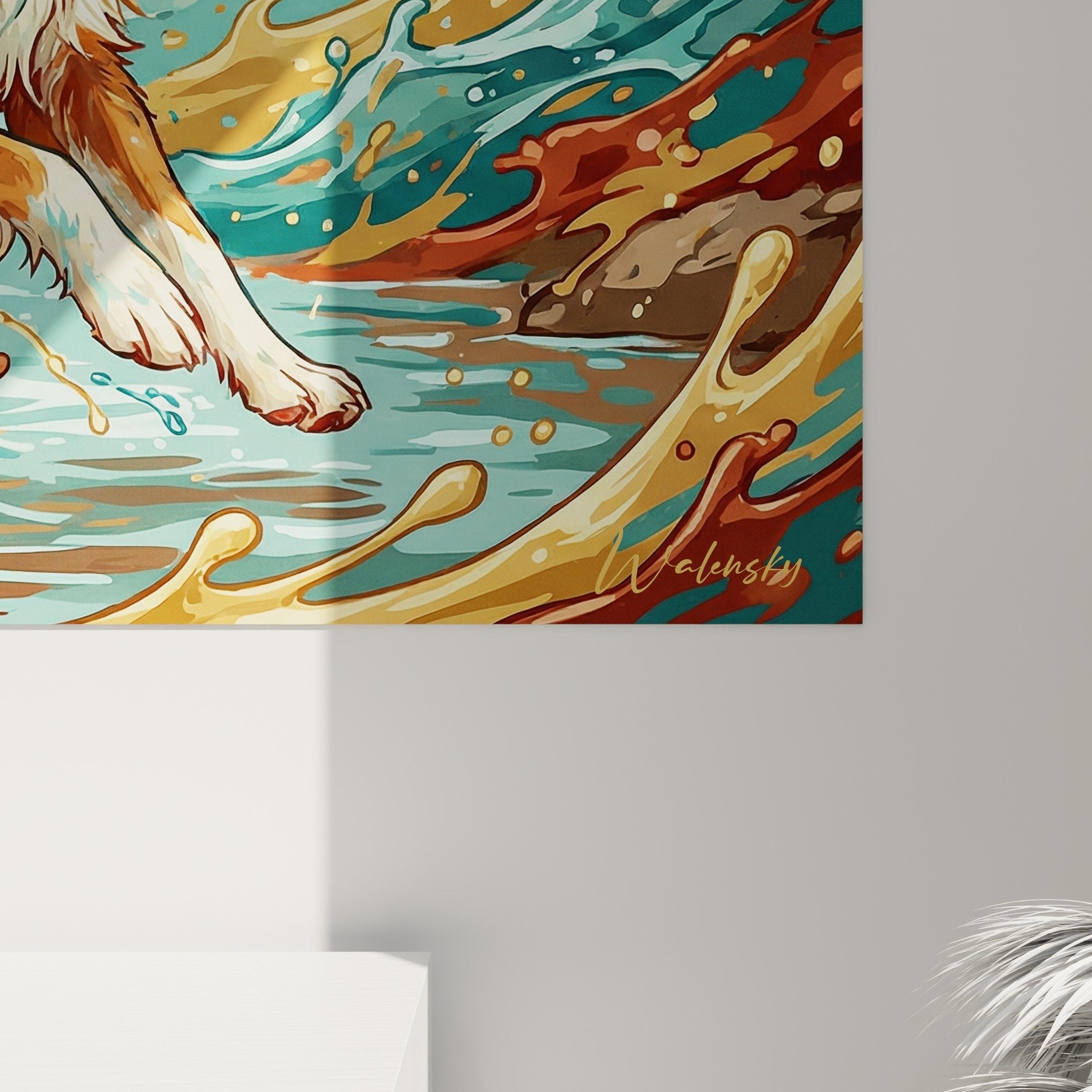 Gesamtansicht Gemälde Australian Shepherd Wasserstrudel dynamisches modernes Wohnzimmer farbige Wanddekoration
