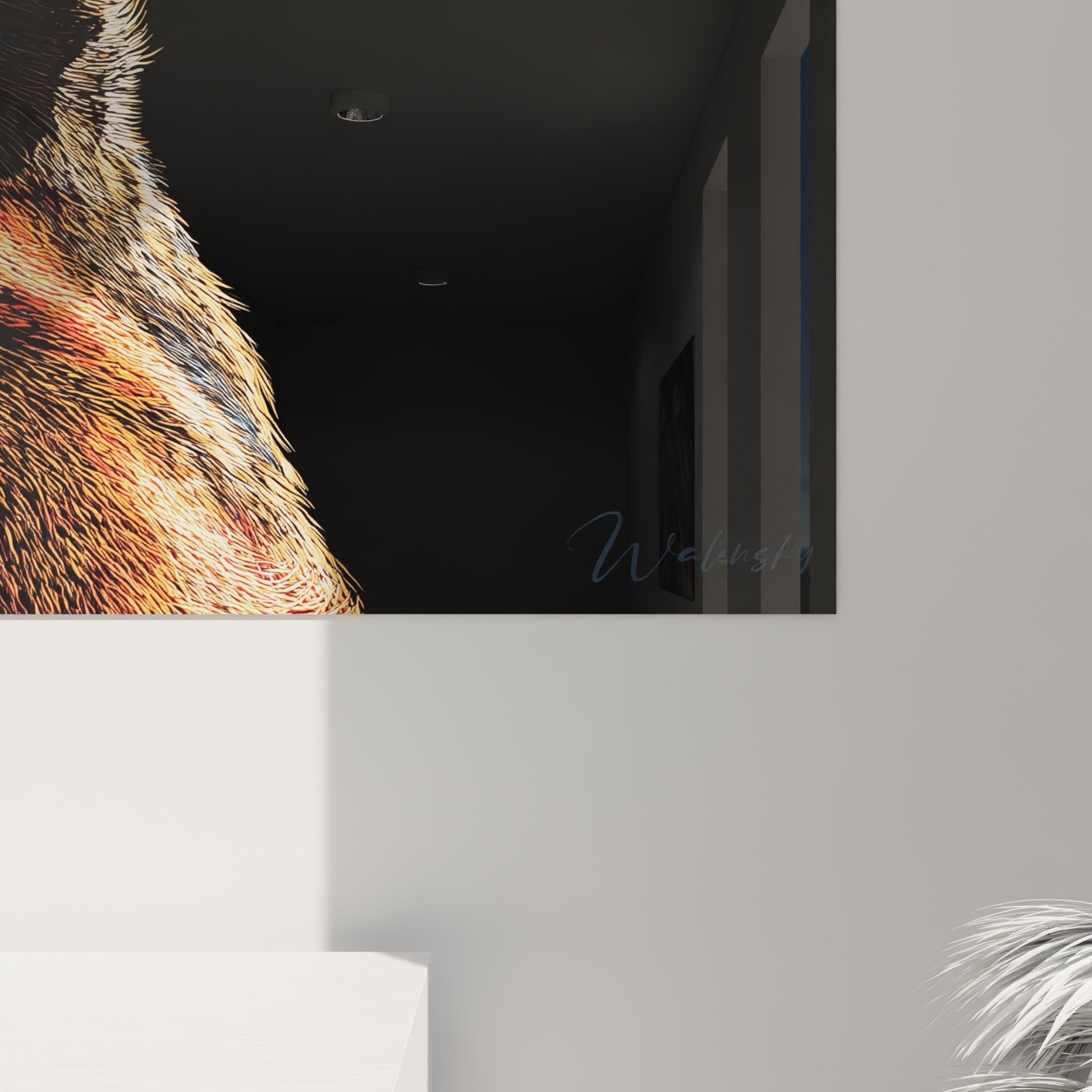 Übersicht des Gemäldes Belgischer Malinois Schäferhund in einem zeitgenössischen Interieur mit angepasster Beleuchtung