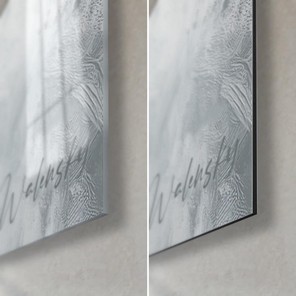 Wall art painted dog portrait, grey signature bottom right, glossy acrylic glass and matte aluminium Dibond, 3 mm edge