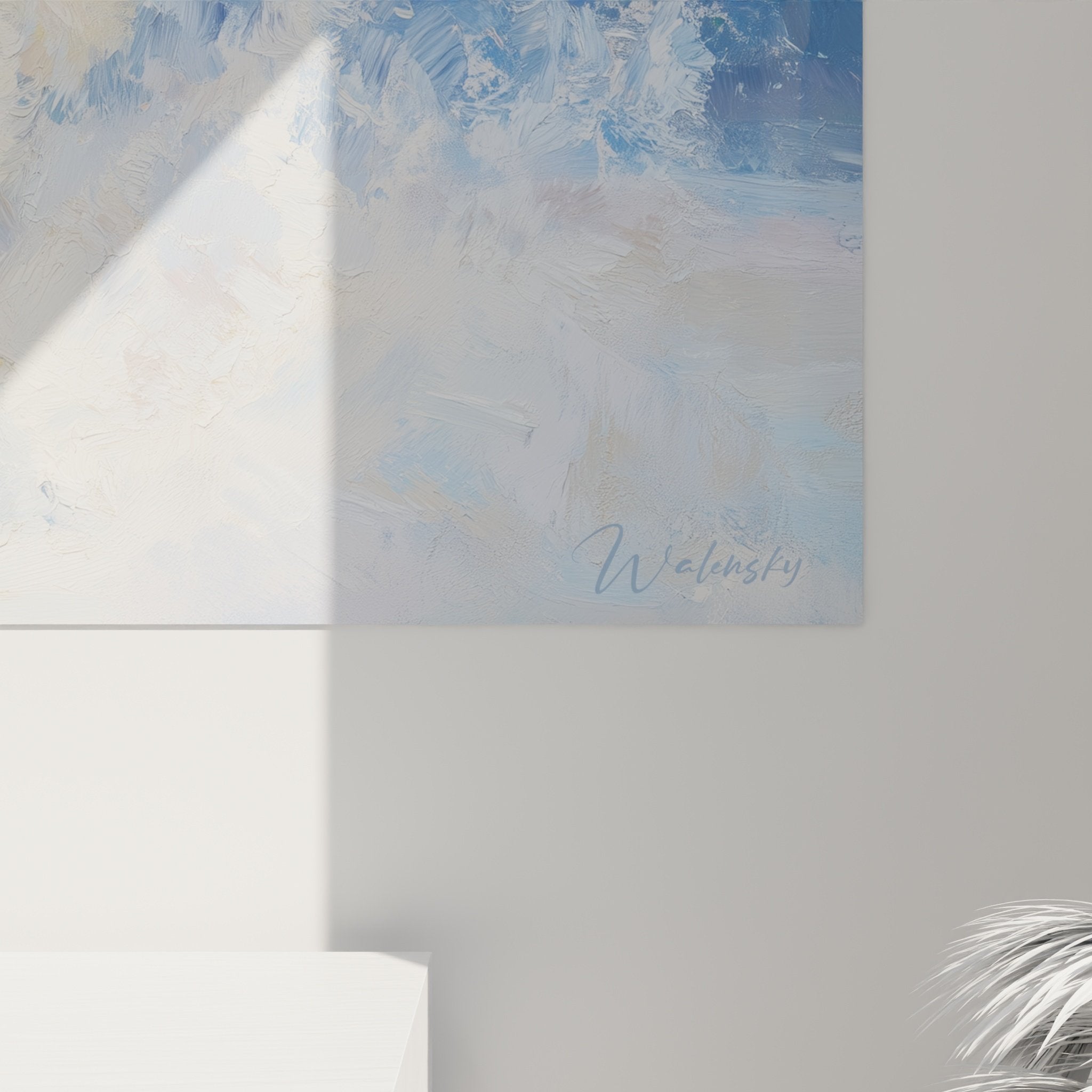 Vue ensemble tableau berger blanc suisse sautant eau bleue oeuvre art mural decoration interieur moderne