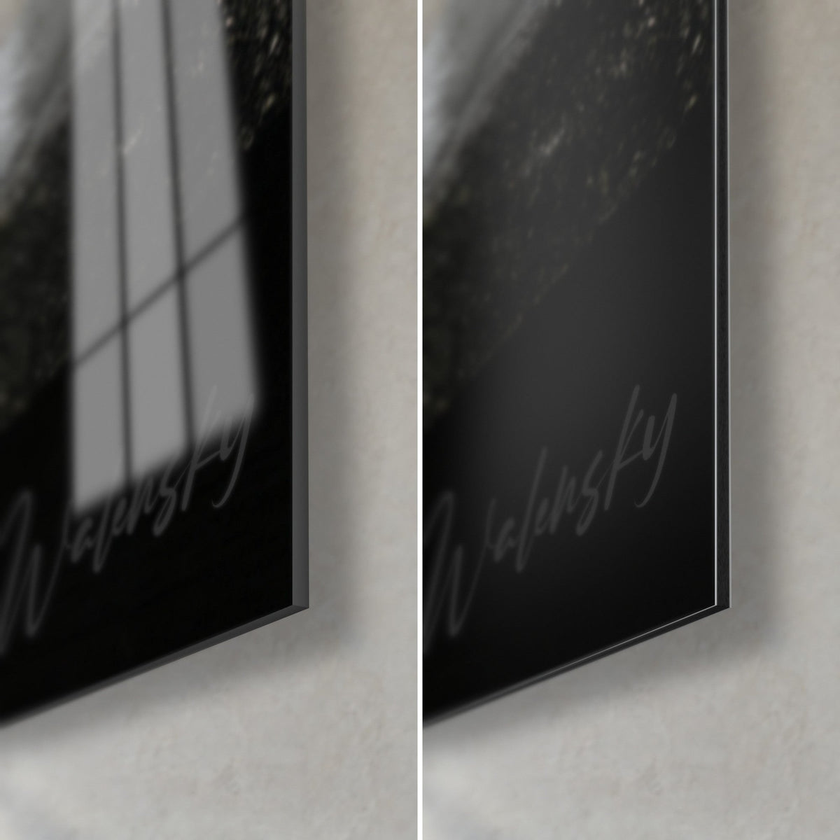 Wall art portrait of a black and white dog, bottom right corner: glossy acrylic glass on the left, matte Dibond aluminum on the right, 3 mm edge