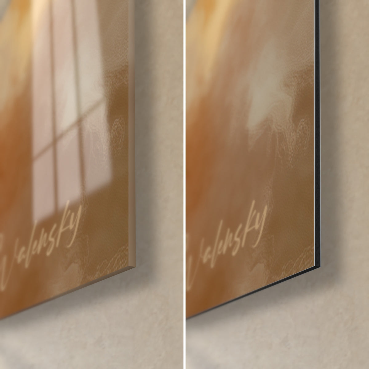 Wall art brindle Dutch Shepherd, bottom right corner: glossy acrylic glass with reflections on the left, matte beige Dibond on the right, 3 mm edge