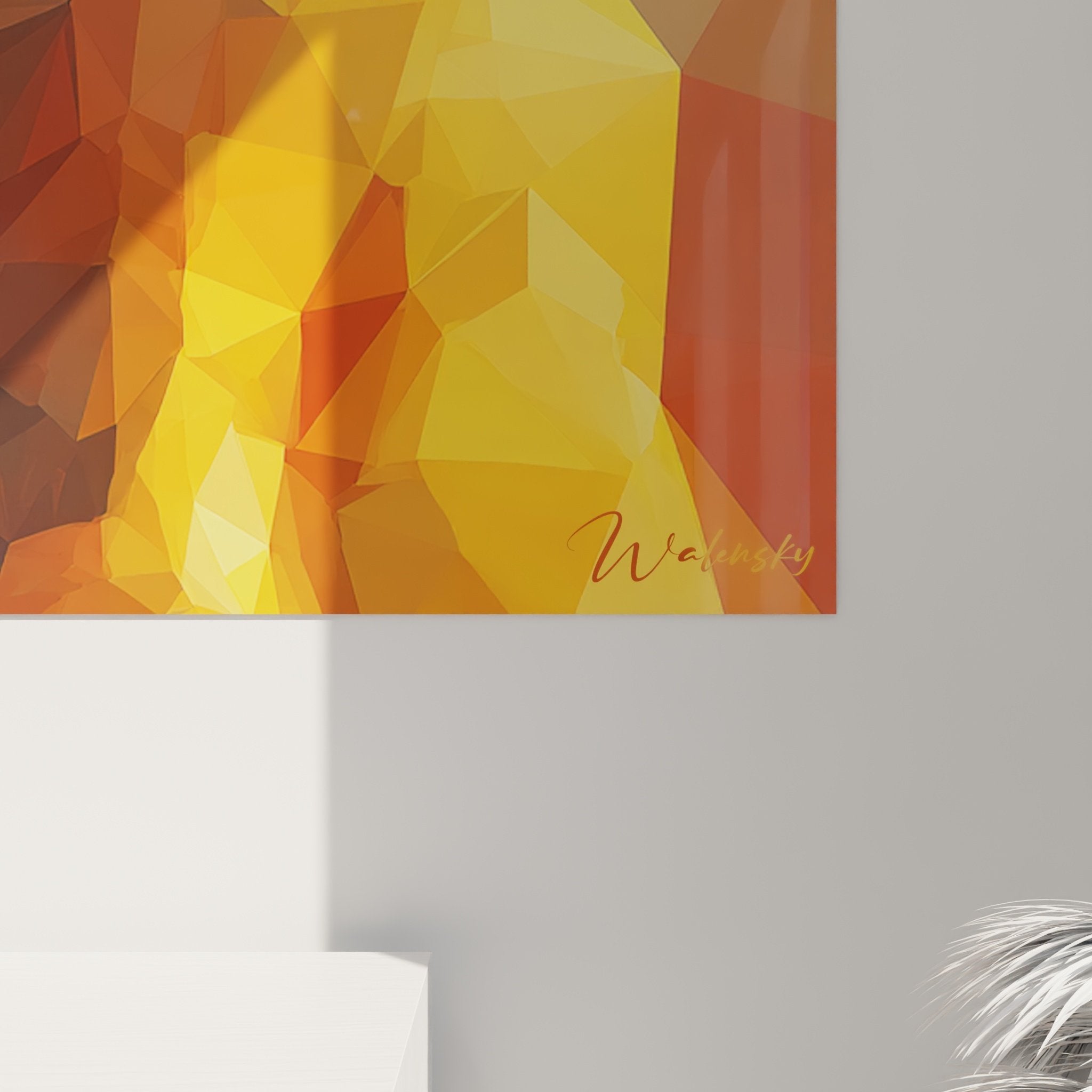 Vista d'insieme quadro pastore geometrico arancione blu decorazione soggiorno moderno arte murale