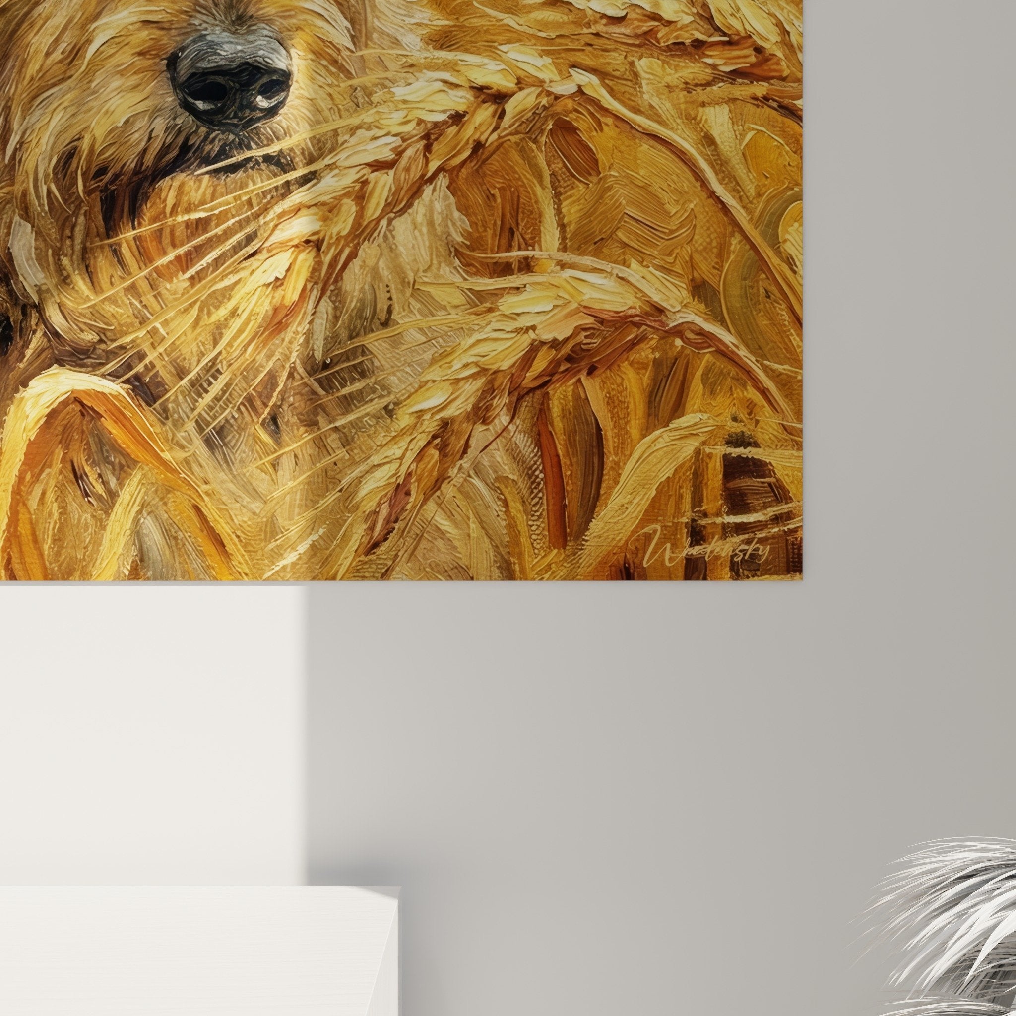 Berger Picard dog portrait painting in ochre tones, French countryside canine art, wall decor integration