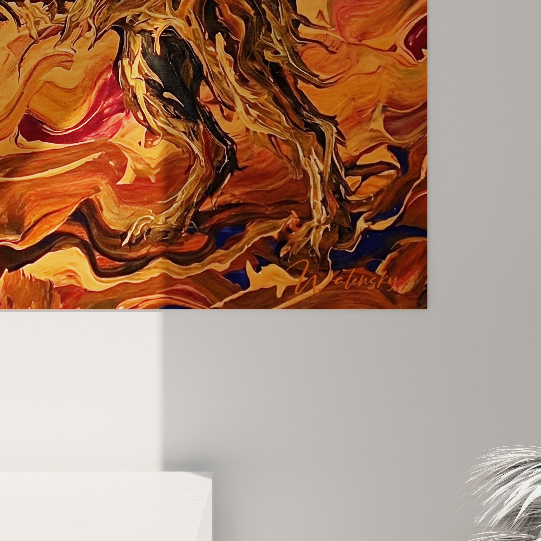 Vue ensemble tableau Berger Picard tempete feu, decoration murale moderne, art contemporain canin flammes