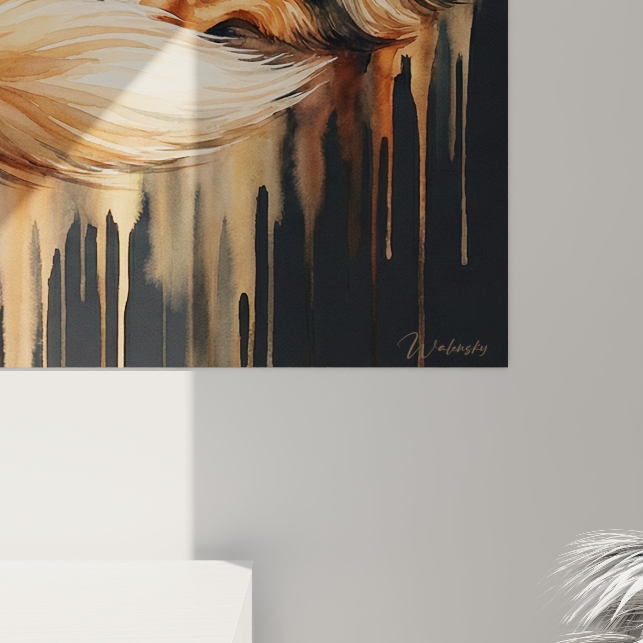 Vue ensemble tableau berger shetland endormi art mural contemporain tons chauds