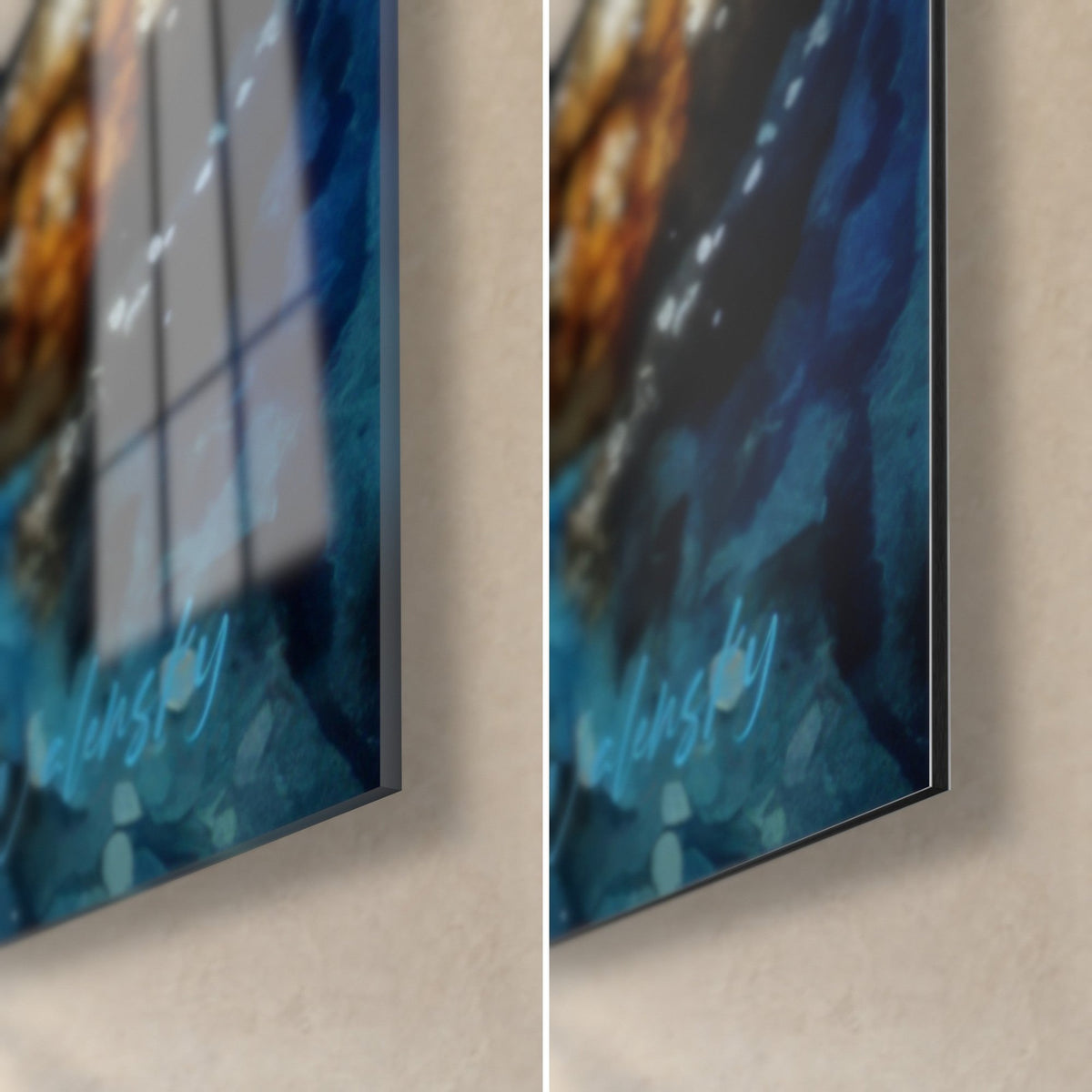Wall art hermit crab on a sea flower, bottom right corner: turquoise signature, reflective glass, matte blue Dibond, 3 mm edge