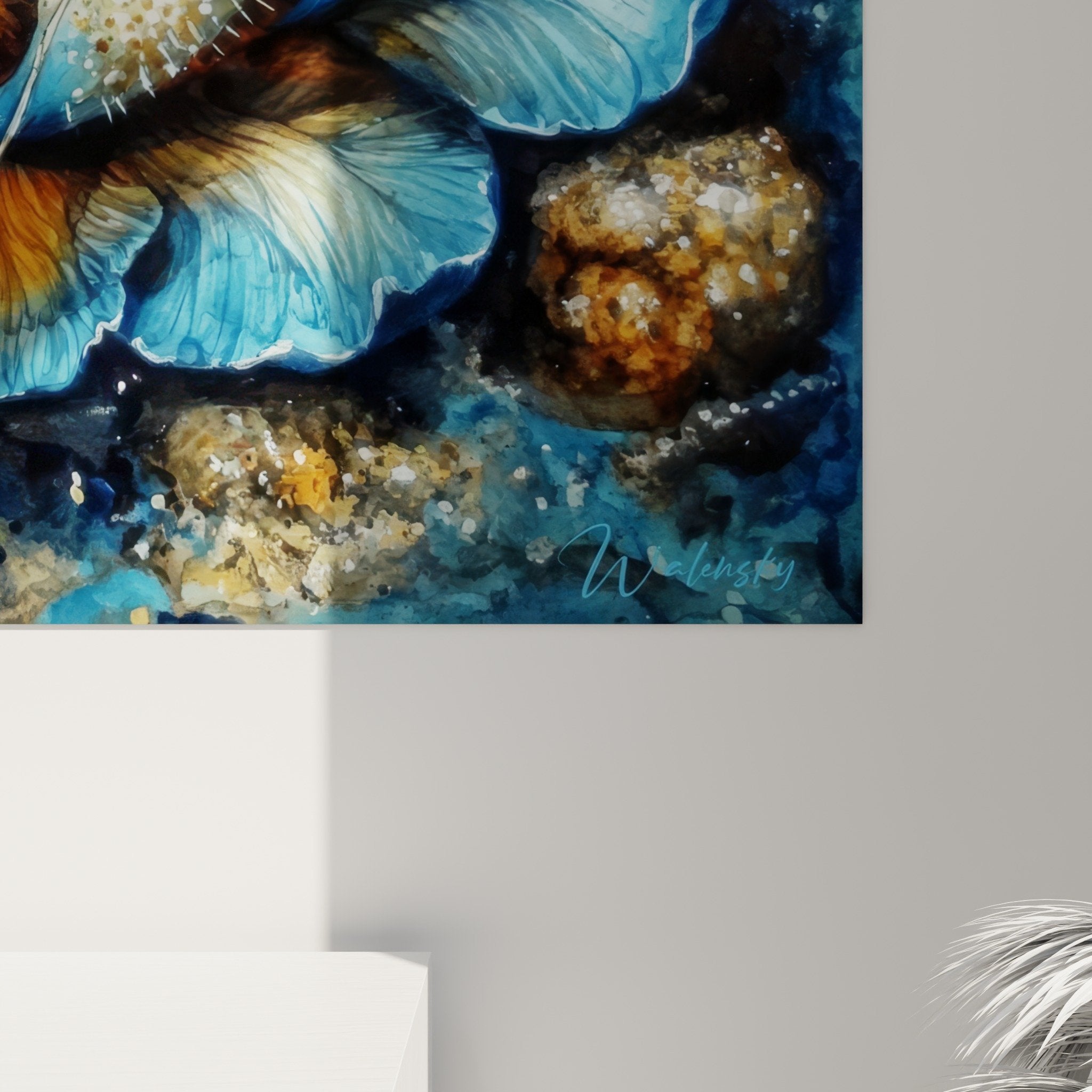Gesamtansicht Gemälde Bernard-Eremit Blume Meer Blau Orange Wandkunst Innenraum Dekoration