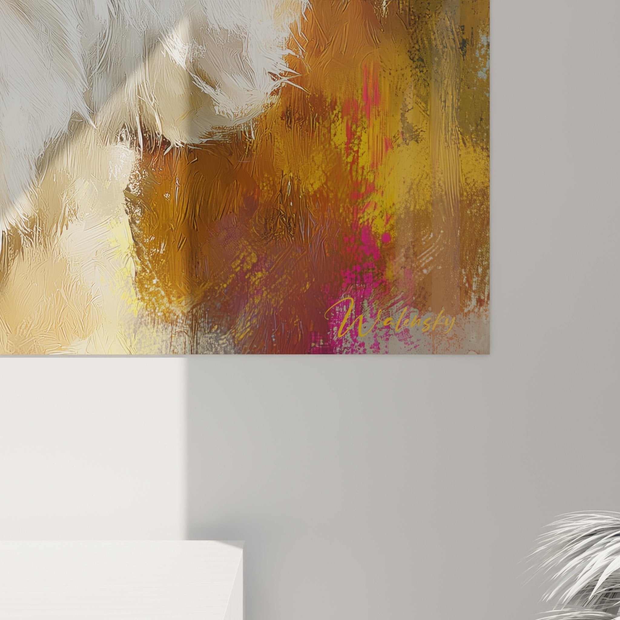 Vue ensemble tableau art canin Bichon Frisé fond abstrait multicolore décoration intérieure