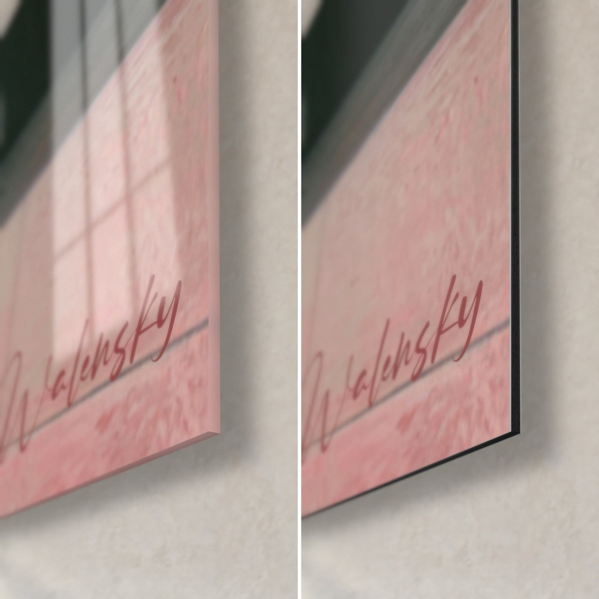 Wall art of a curly white dog, lower right corner: glossy pink glass with sheen, matte Dibond and 3 mm black edge, Walensky signature