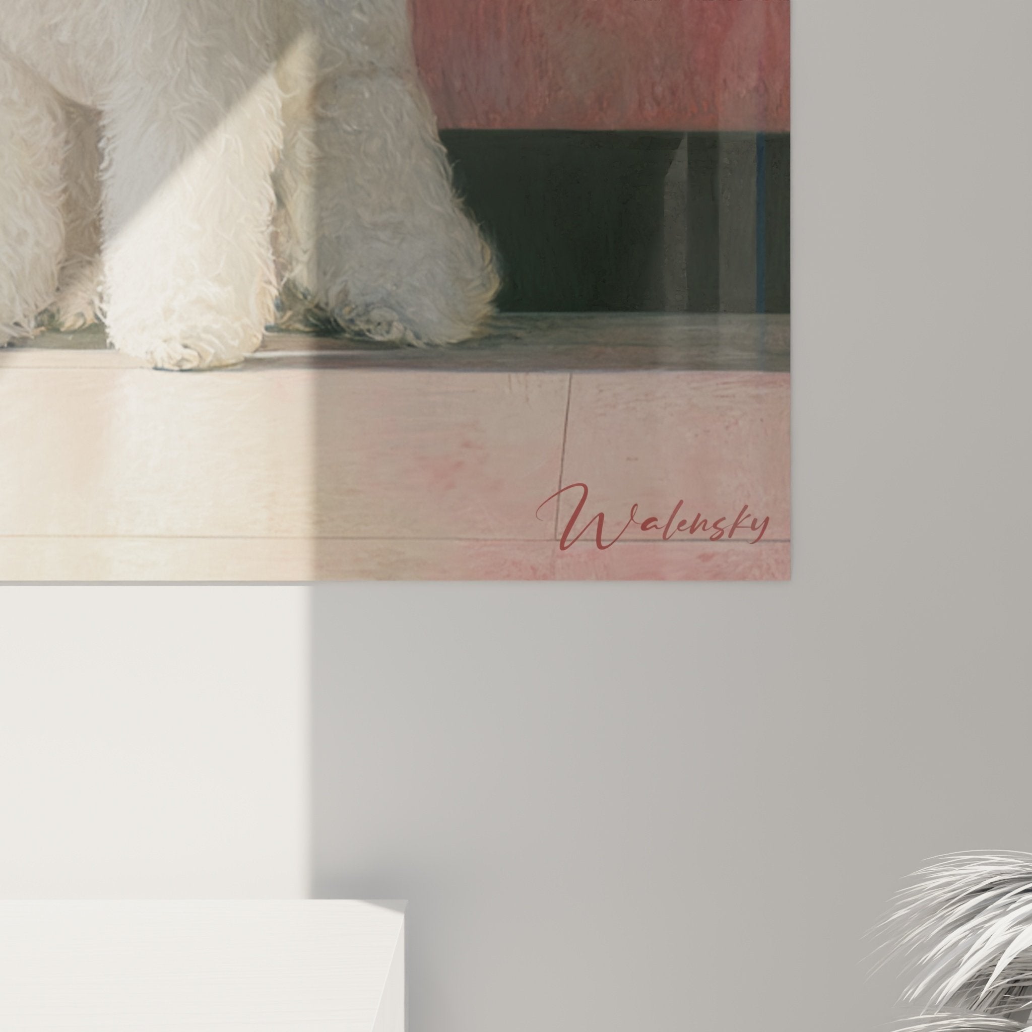 Gesamtansicht Bichon-Frise Gemälde Erkerfenster künstlerische Komposition sanfte Weiß- und Rosatöne