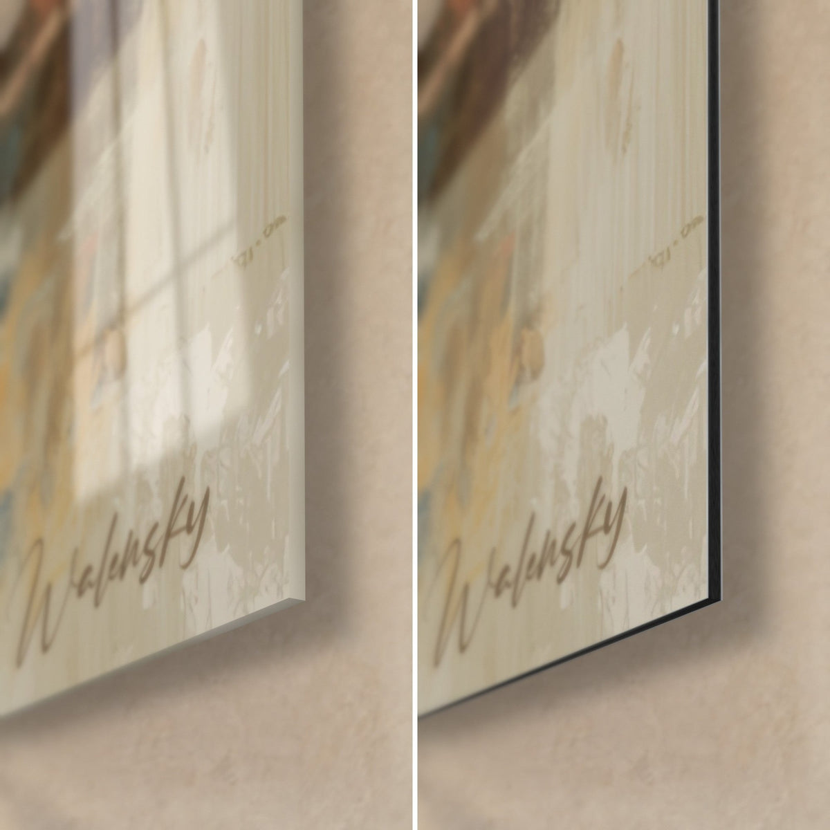 Cuadro pequeño perro blanco rizado, firma Walensky abajo a la derecha, cristal acrílico brillante y aluminio Dibond negro mate, canto de 3 mm