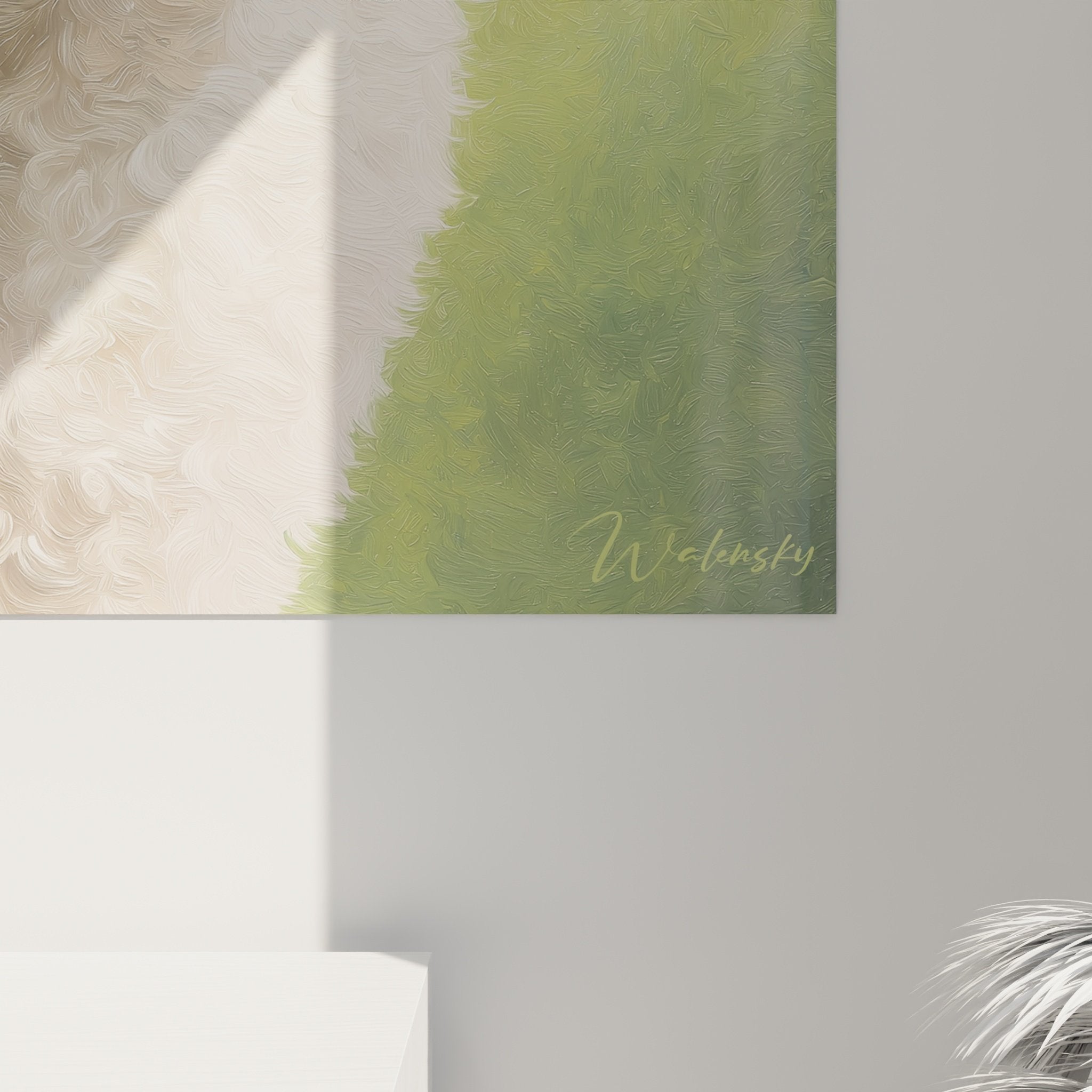 Vue ensemble tableau Bichon Frisé blanc fond vert tendre décoration intérieur portrait canin expressif