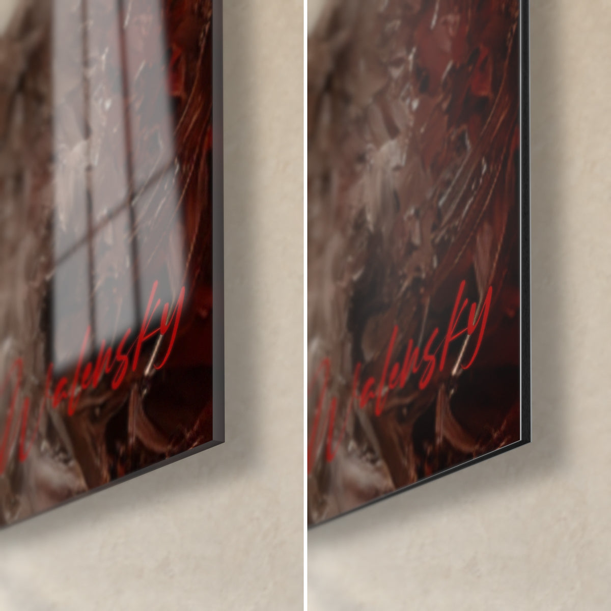 Cuadro retrato de perro blanco, esquina inferior derecha: firma roja sobre cristal brillante con reflejos, aluminio Dibond mate, canto de 3 mm