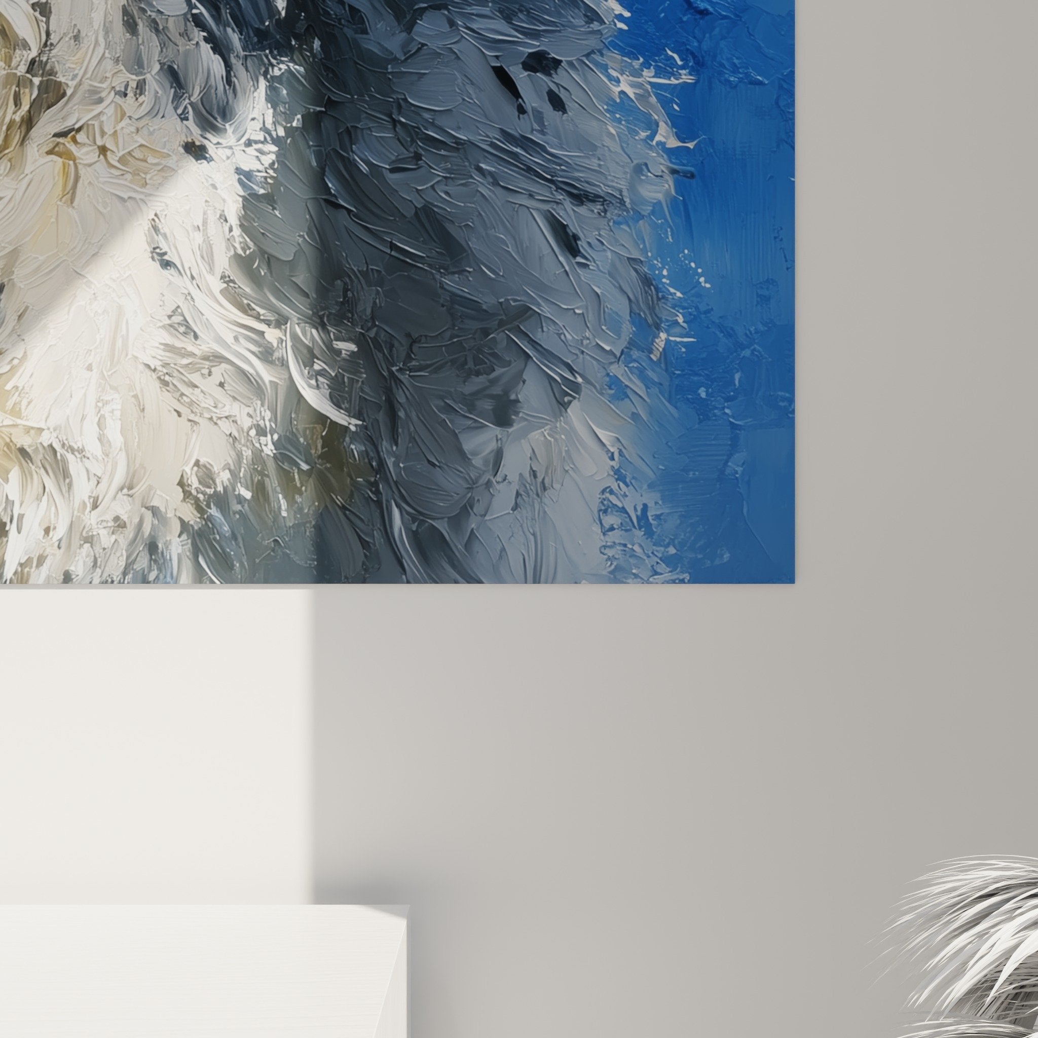 Vue ensemble tableau portrait Bichon Havanais bleu cobalt decoration interieure murale